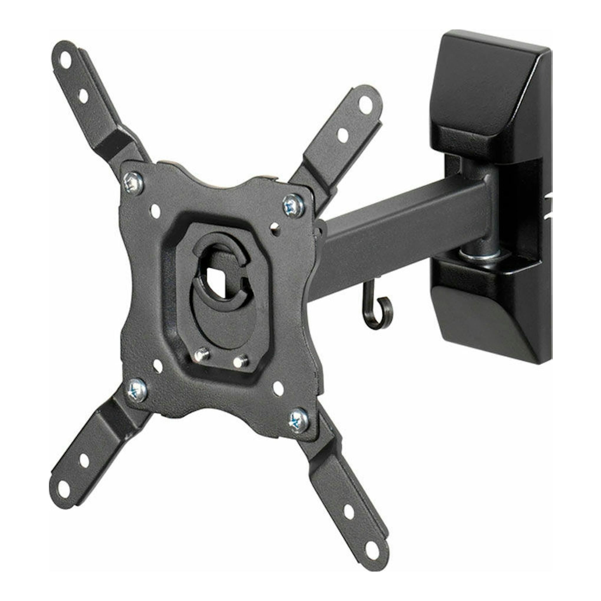 Soporte TV Vivanco BMO 6020 negro, vista frontal y lateral de brazo articulado de pared.