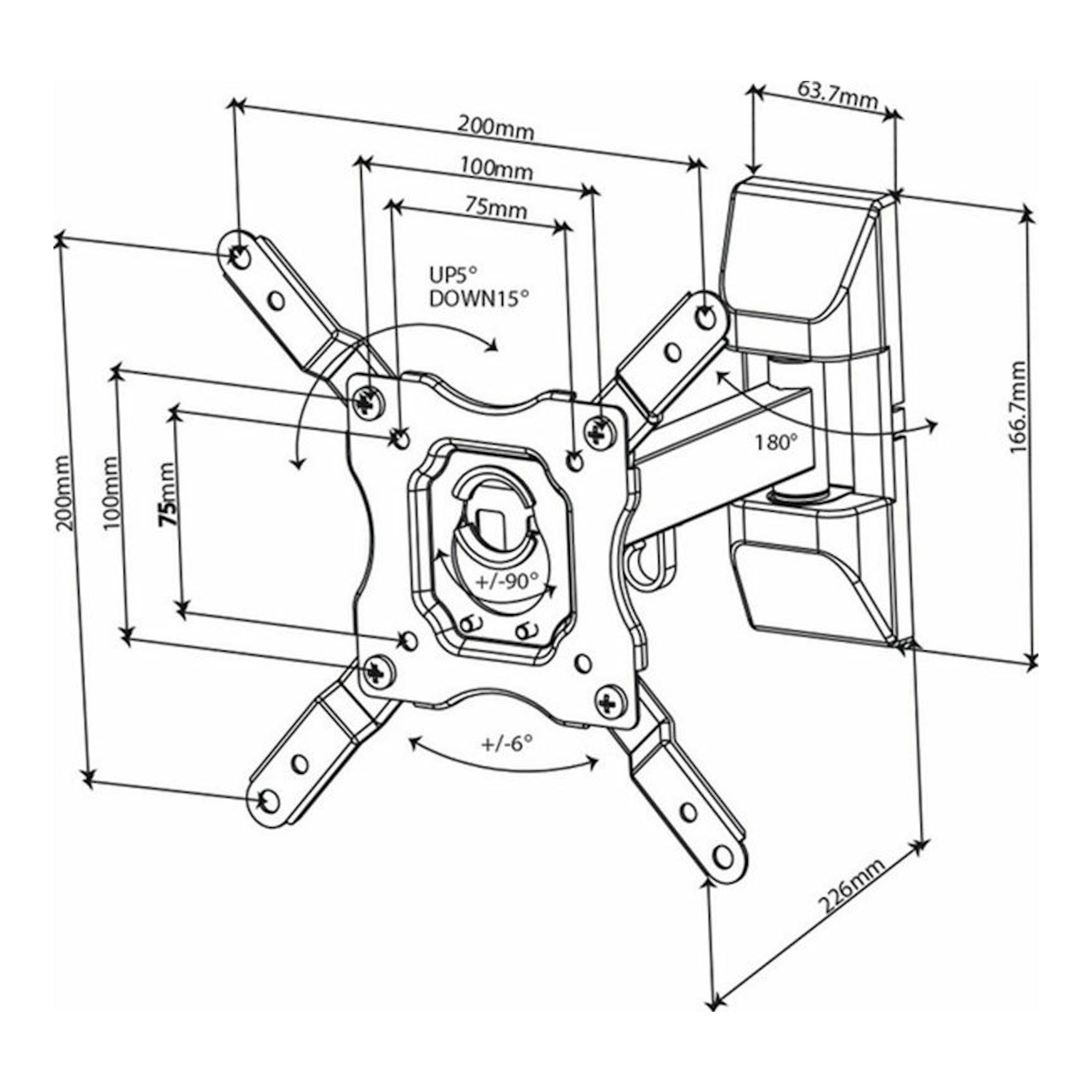 Soporte de TV Vivanco BMO 6020, dibujo técnico en blanco y negro del brazo articulado con medidas.