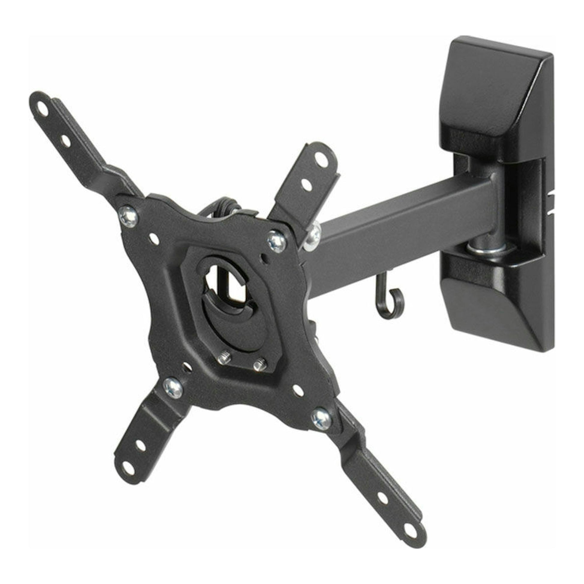 Soporte de TV Vivanco BMO 6020 negro, vista frontal en ángulo, con brazo articulado y placa VESA.