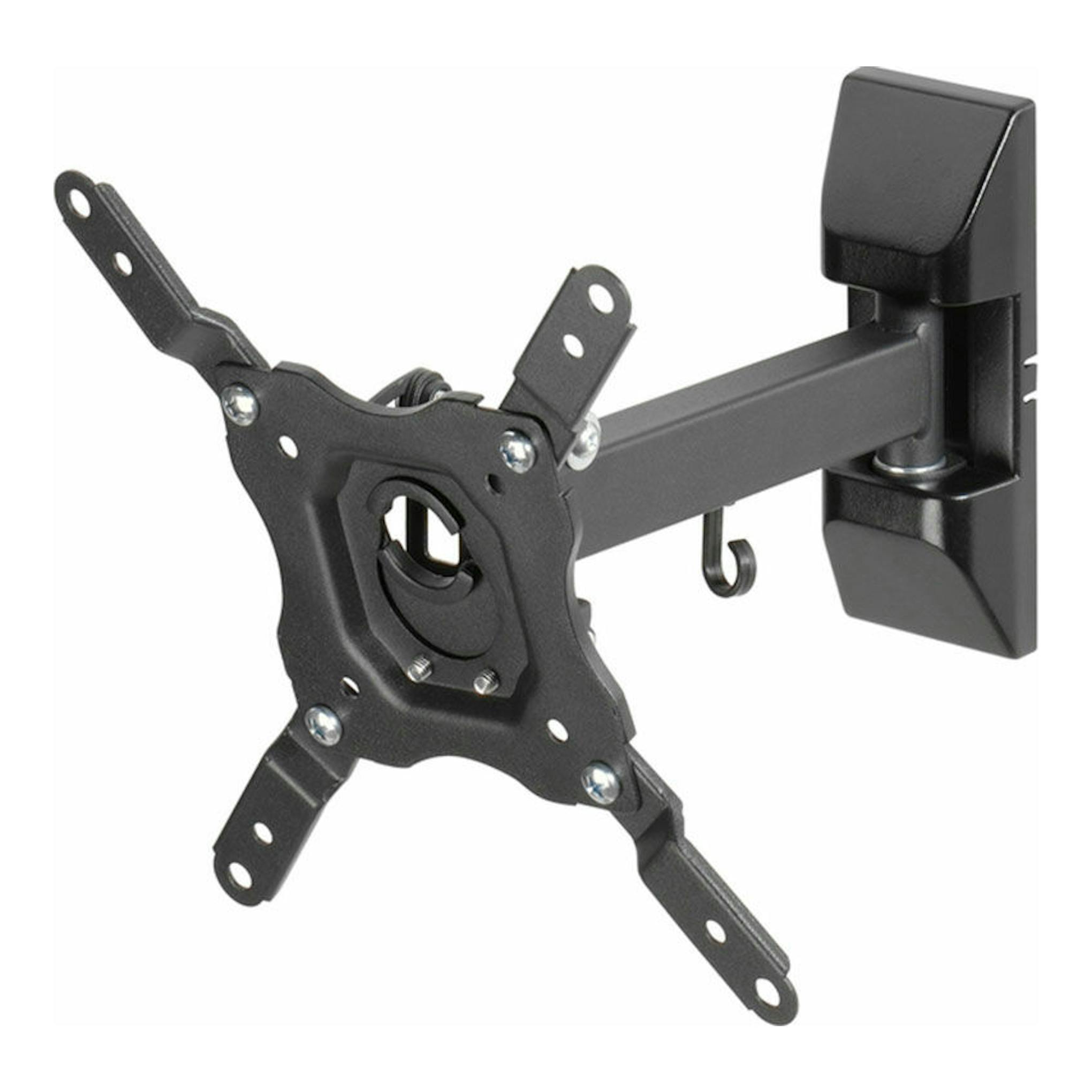 Soporte de TV Vivanco BMO 6020 negro, vista frontal en ángulo, con brazo articulado y placa VESA.