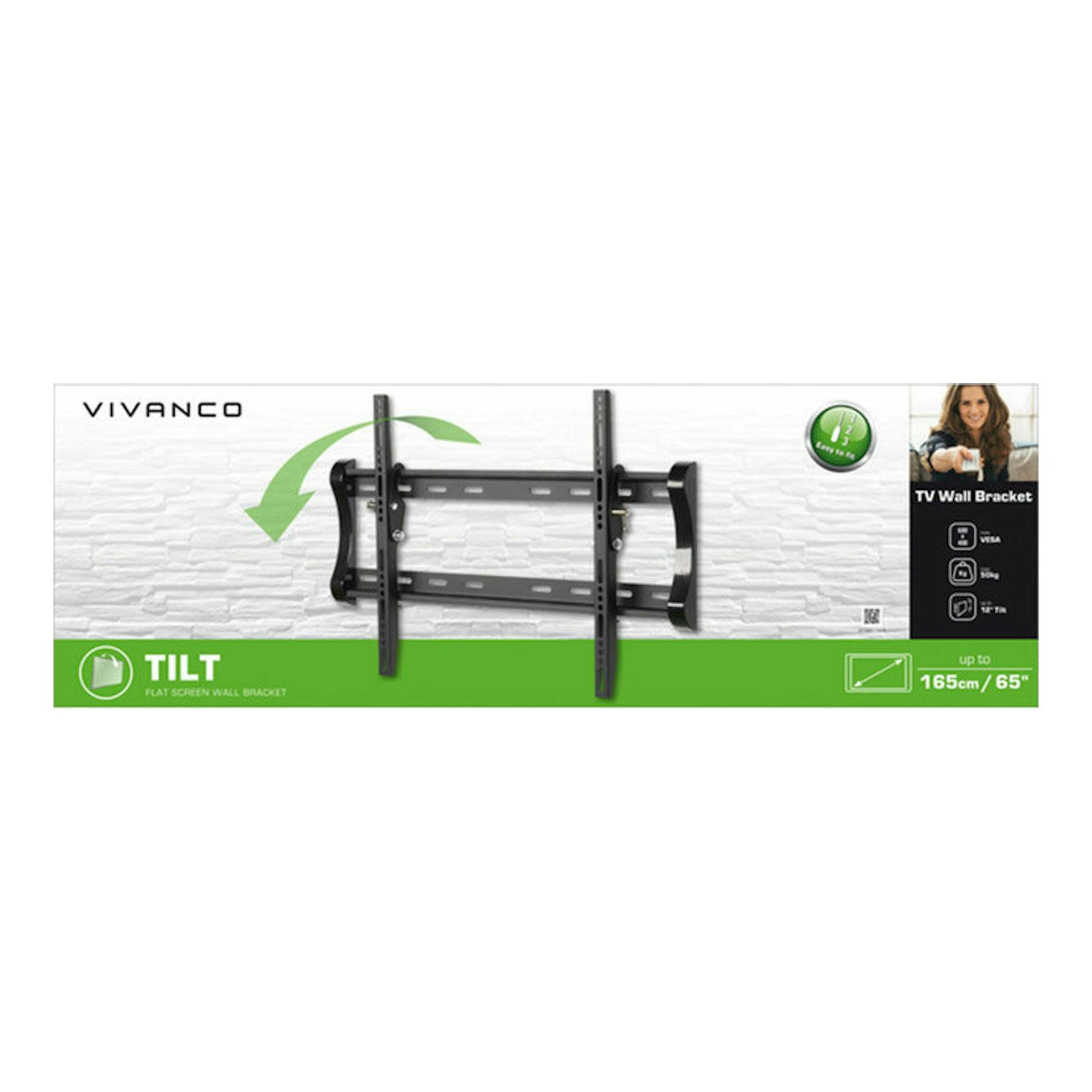Vivanco BTI 6060: soporte de pared inclinable para TV negro, visto en la caja, vista frontal.