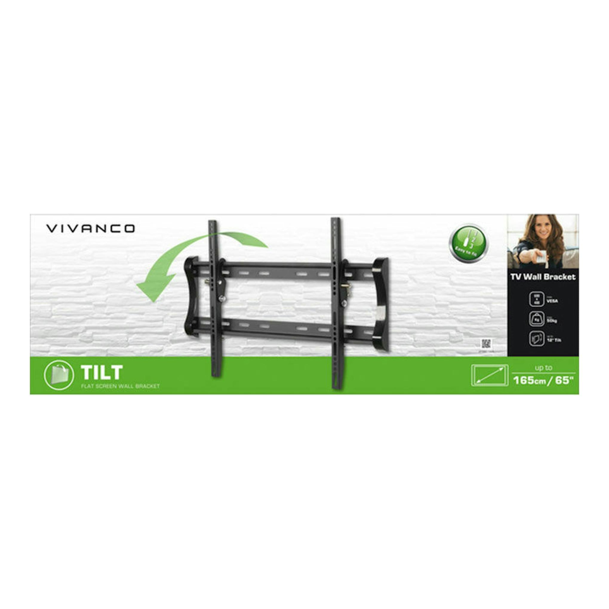 Vivanco BTI 6060: soporte de pared inclinable para TV negro, visto en la caja, vista frontal.