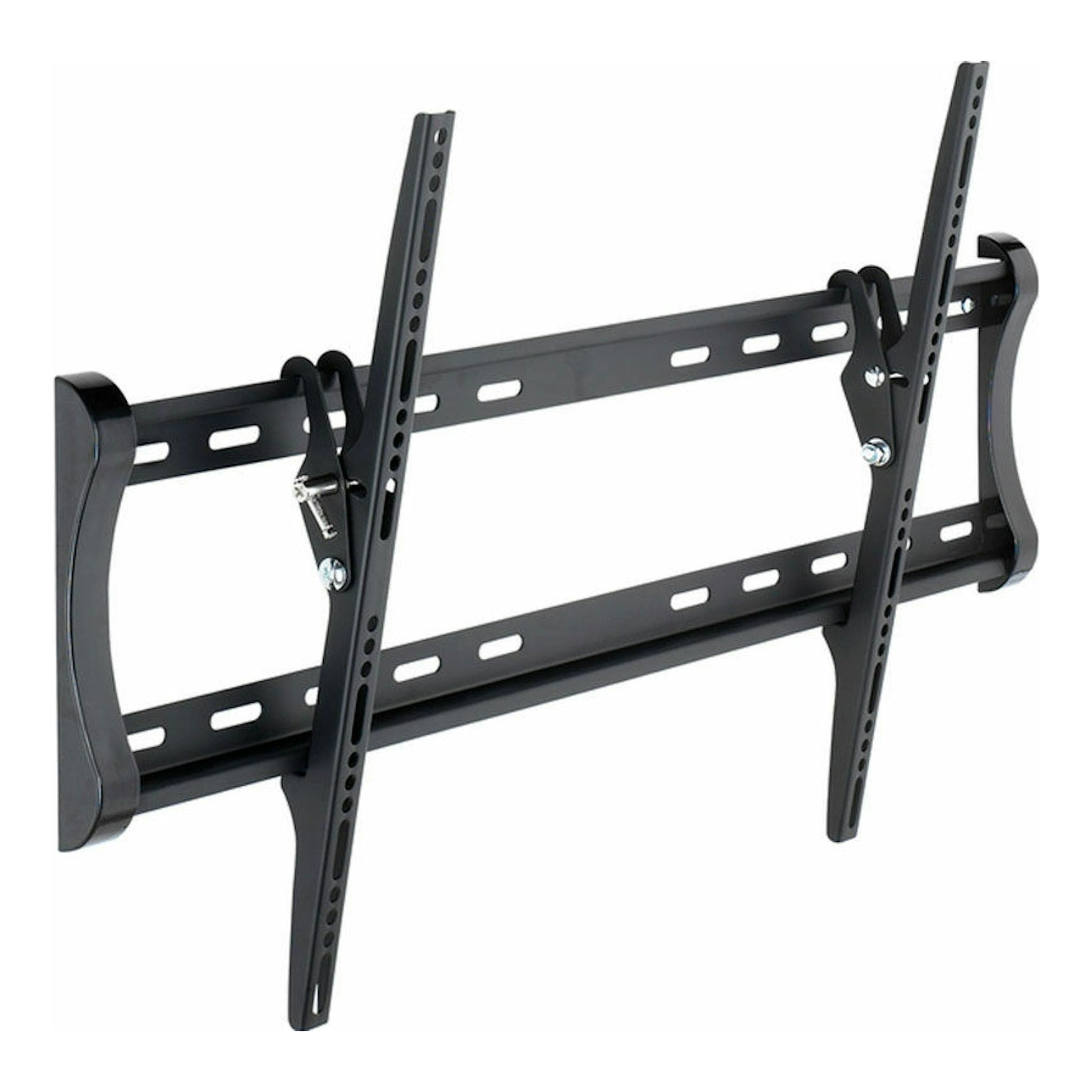 Soporte de pared para TV Vivanco BTI 6080 negro, vista frontal en ángulo, con brazos inclinables.