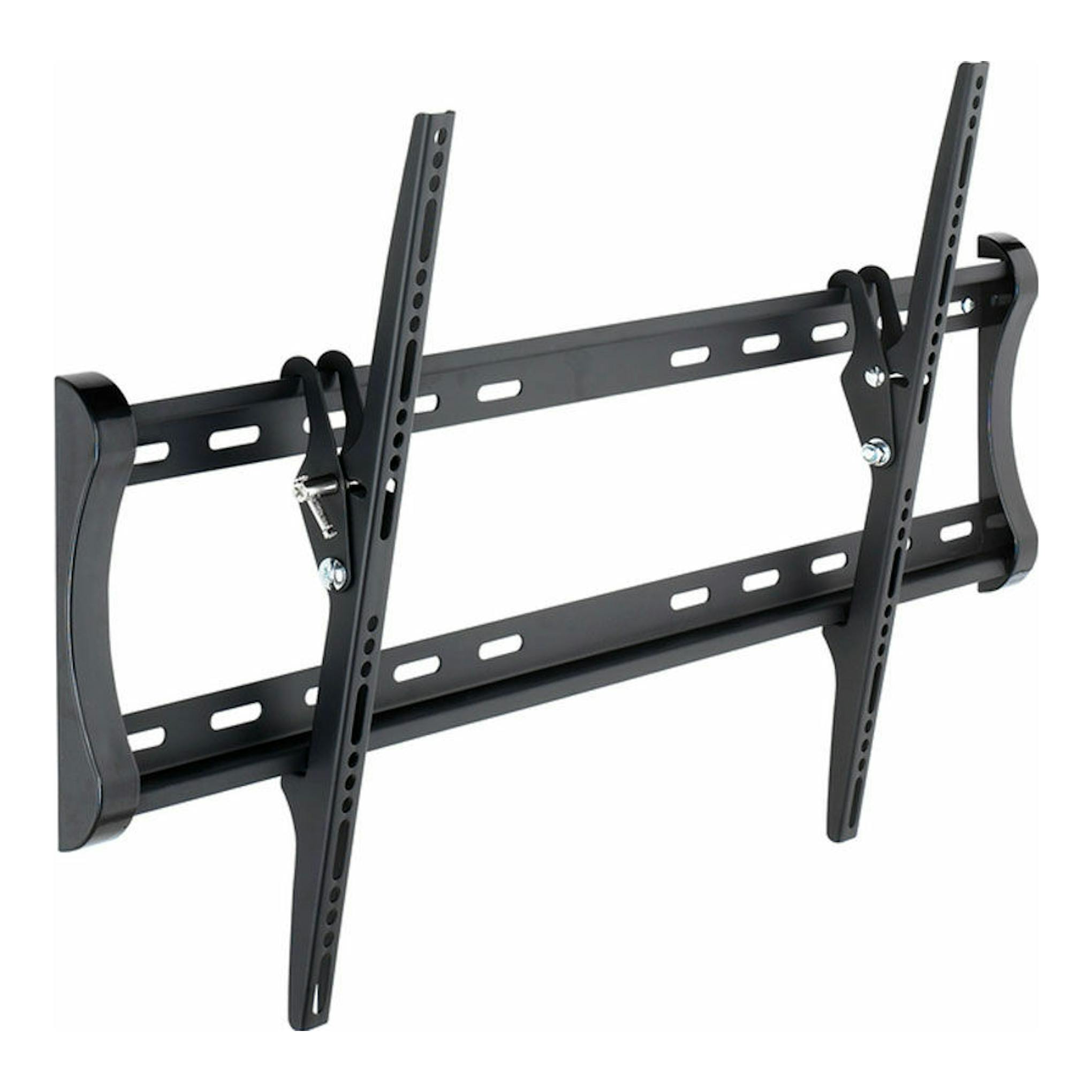 Soporte de pared para TV Vivanco BTI 6080 negro, vista frontal en ángulo, con brazos inclinables.