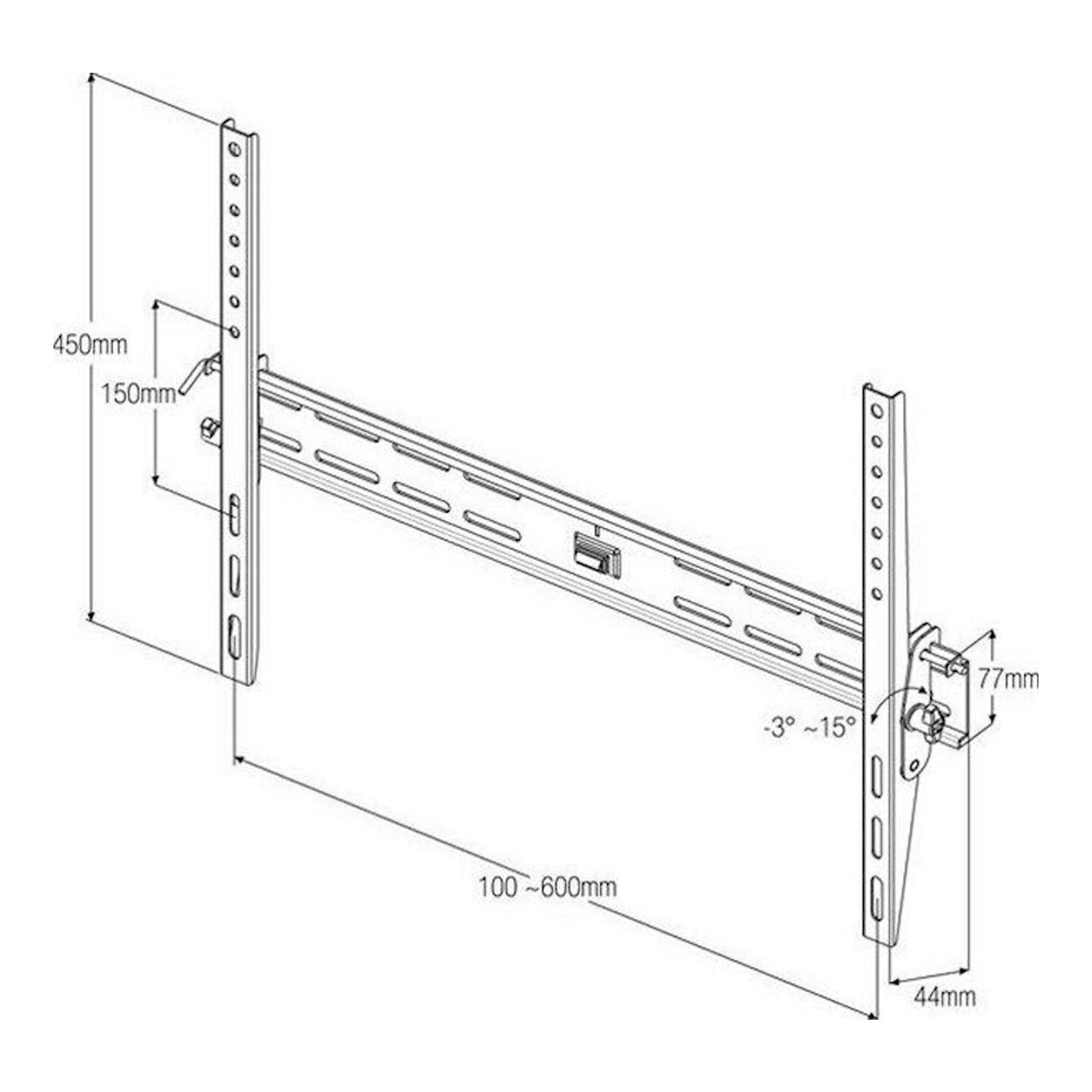 Soporte TV Vivanco BTI8060, dibujo técnico isométrico en blanco y negro de soporte mural articulado con brazo extensible.