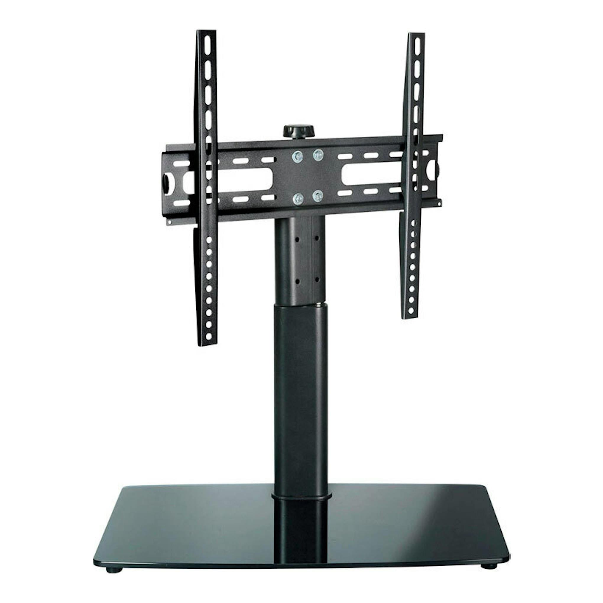 Soporte TV Vivanco TS 8140 negro, de pie, con base rectangular y brazos verticales para pantalla.
