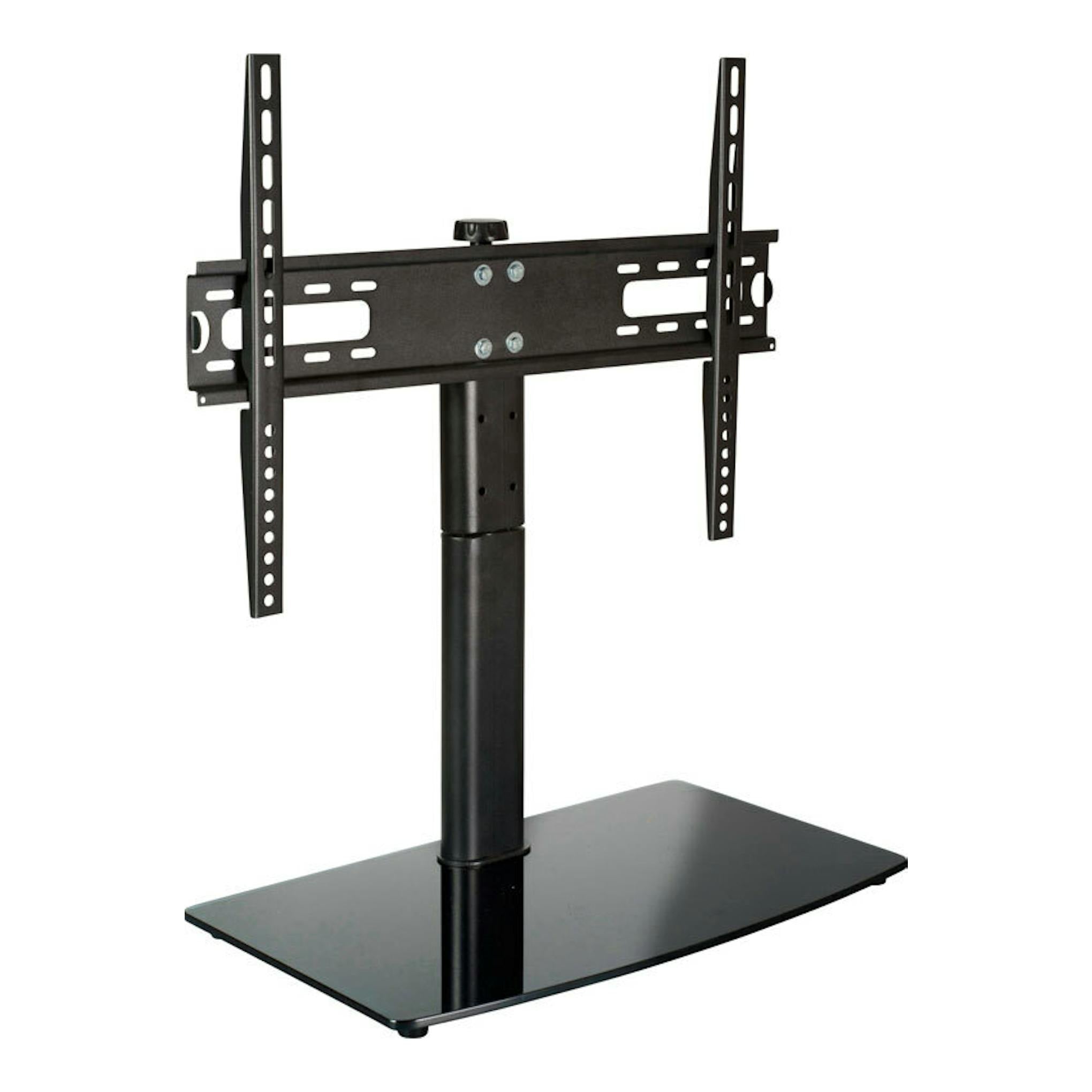 Soporte TV Vivanco TS 8160 negro, de pie, con base de cristal y brazo VESA.