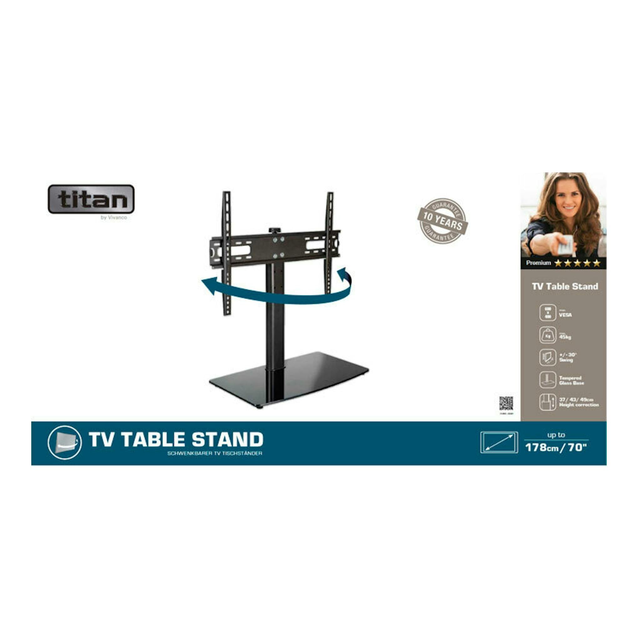 Soporte TV Vivanco Titan TS 8160 negro, vista frontal, base de vidrio y mástil central para TV hasta 70"