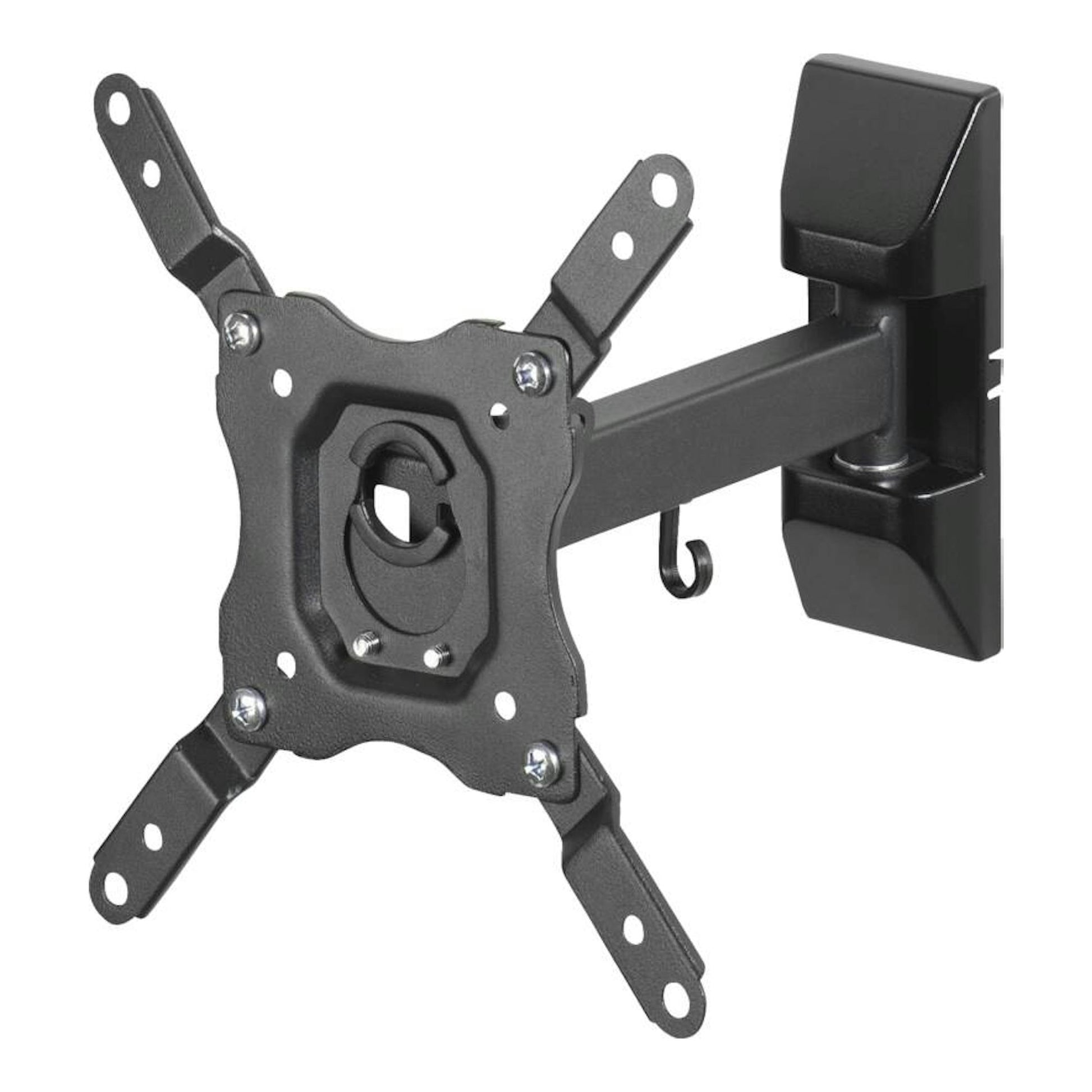 Soporte TV Vivanco VVTVOR43INCH25KG negro, vista frontal en pared, brazo articulado giratorio.
