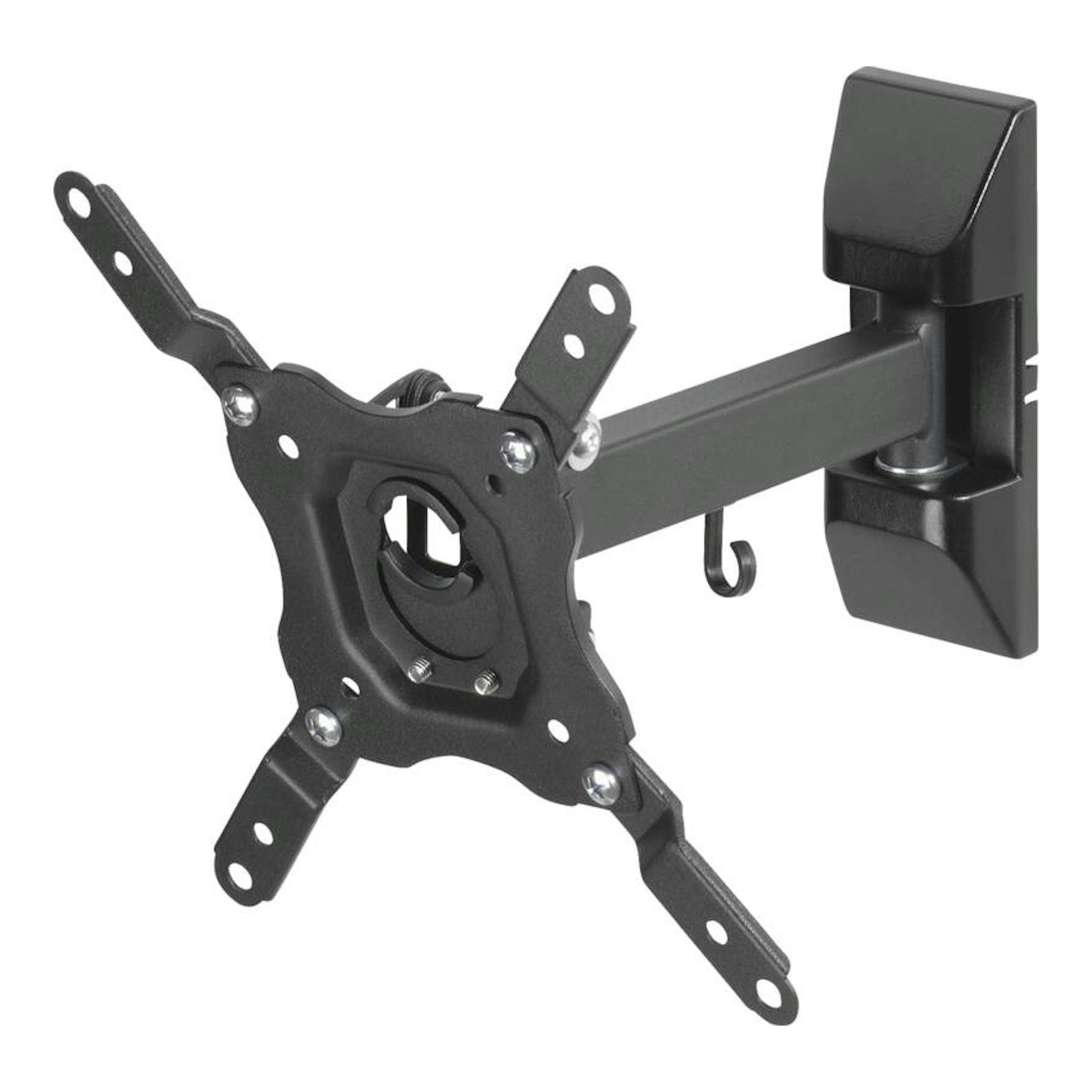 Soporte TV Vivanco VVTVOR43INCH25KG negro, de pared y brazo giratorio, vista frontal.