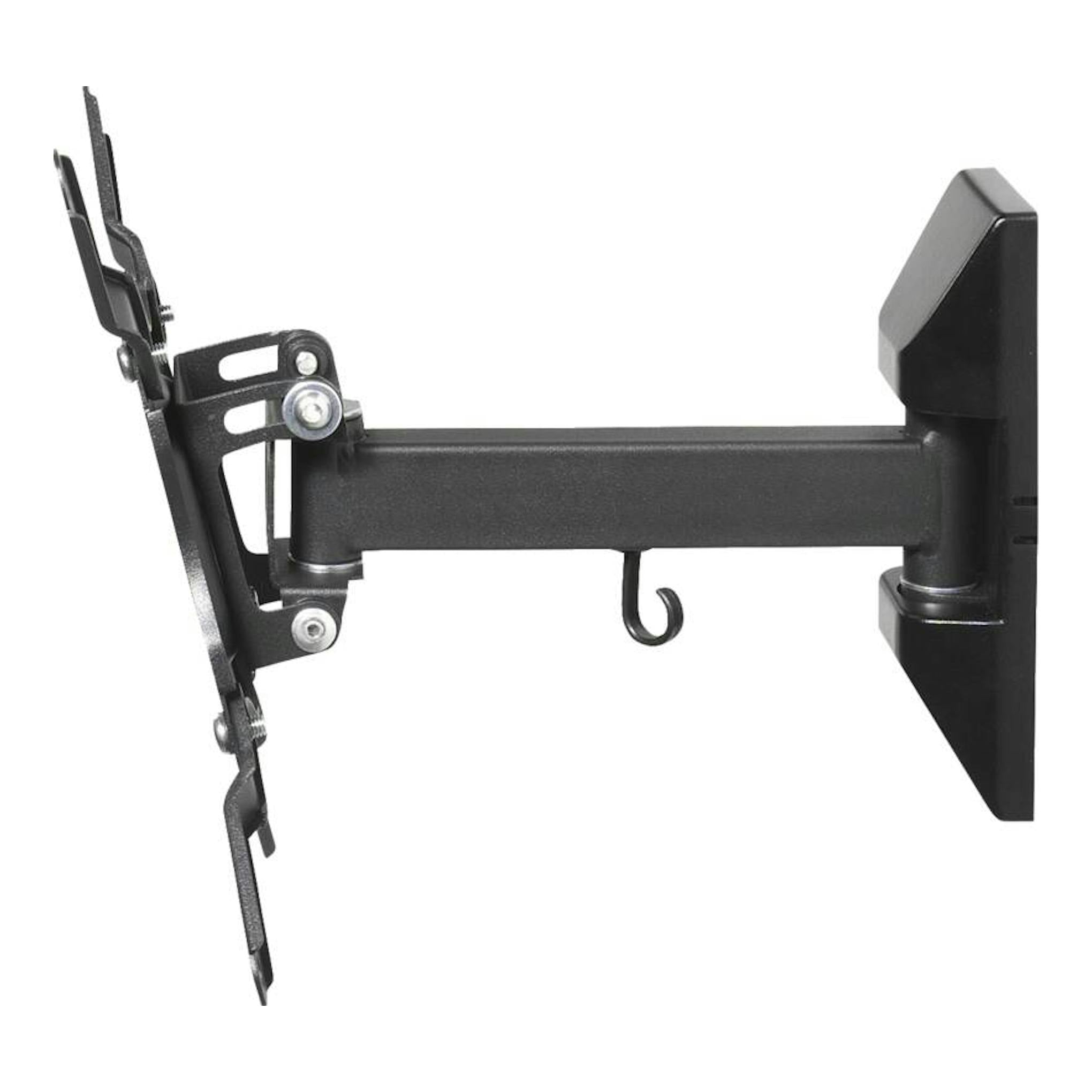 Soporte de TV Vivanco VVTVOR43INCH25KG negro, vista lateral, con brazo articulado y placa de pared.