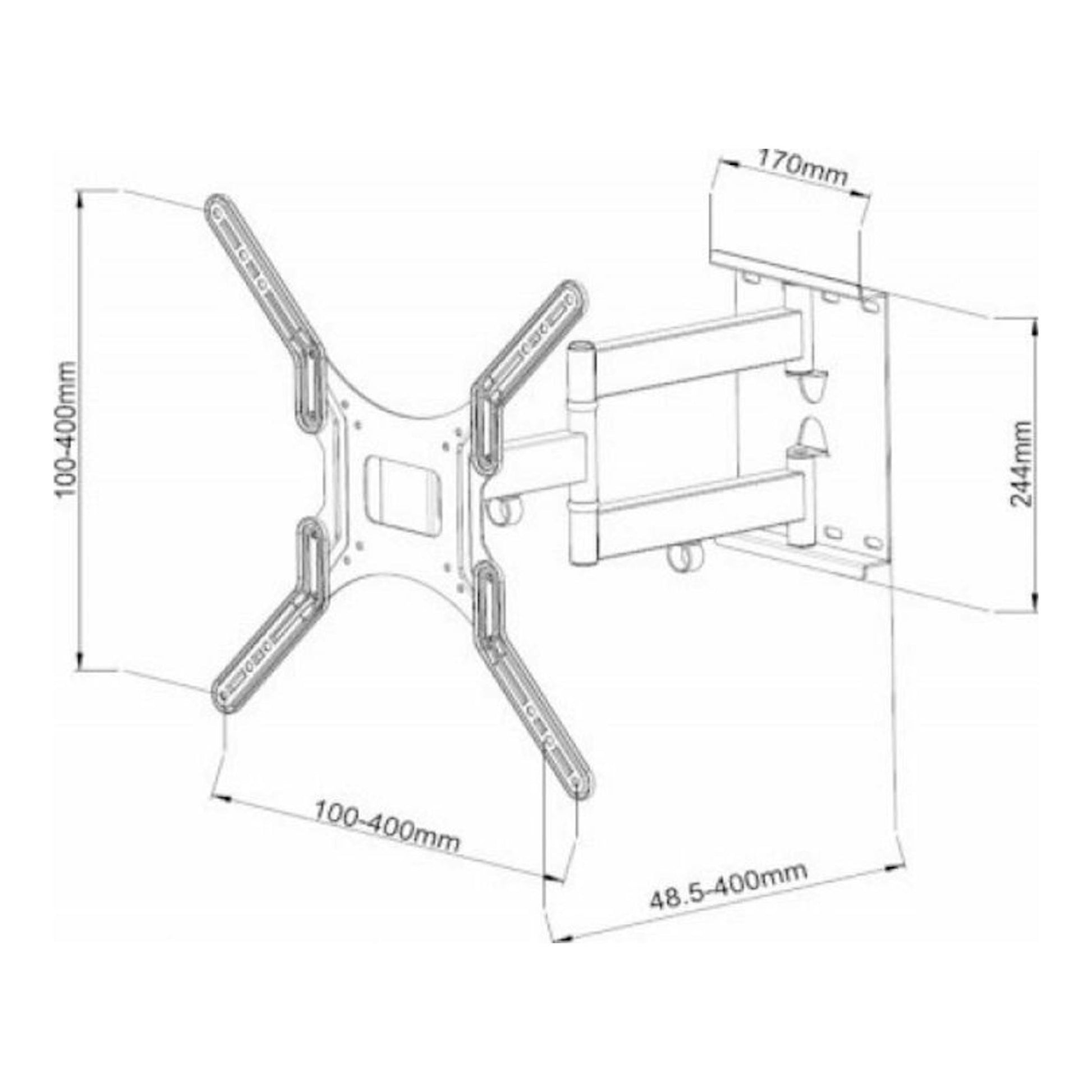 Soporte de pared para TV Vivanco WAP 410 1, vista técnica con brazo articulado y medidas.