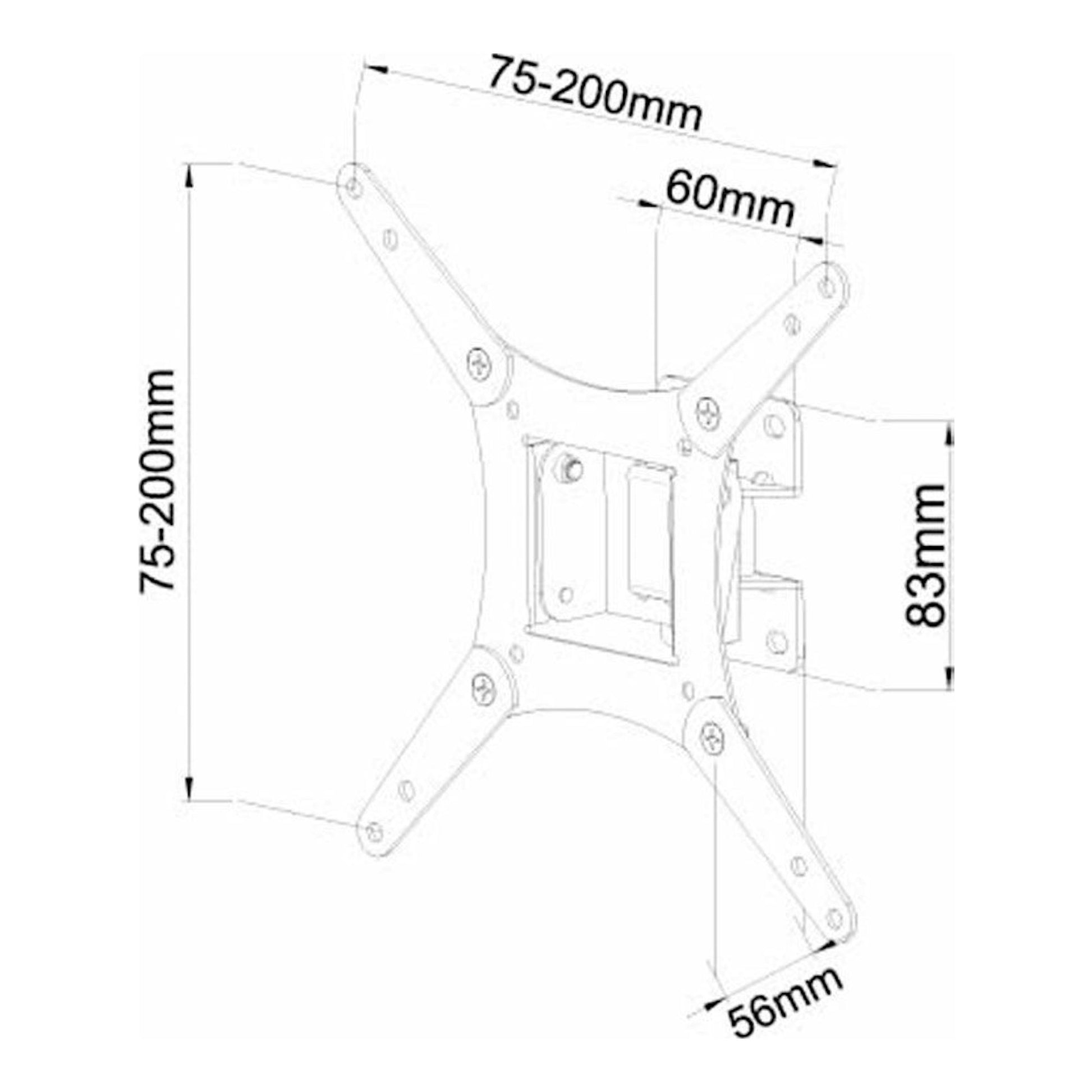 Soporte TV Vivanco WM 3215, dibujo técnico frontal en blanco con brazos articulados y medidas de montaje.