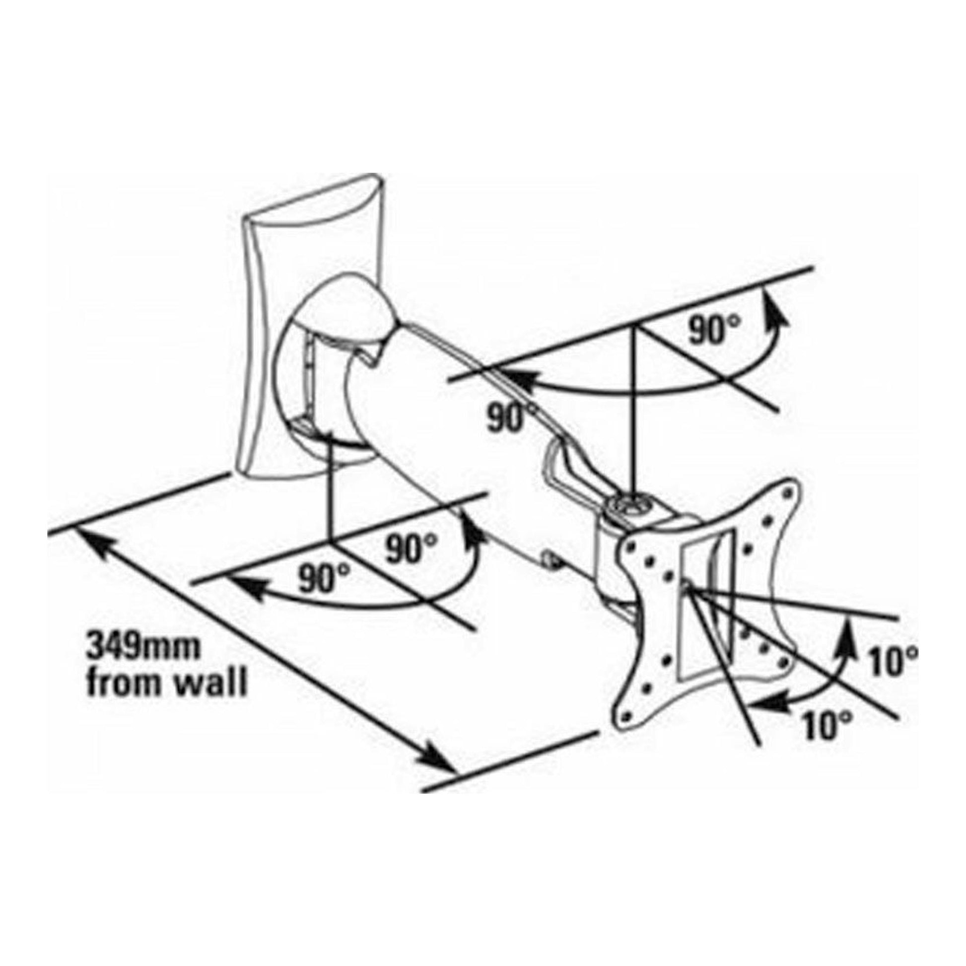 Diagrama del soporte TV Vivanco WM 3220 en pared, brazo articulado negro con giro 90° e inclinación 10°.