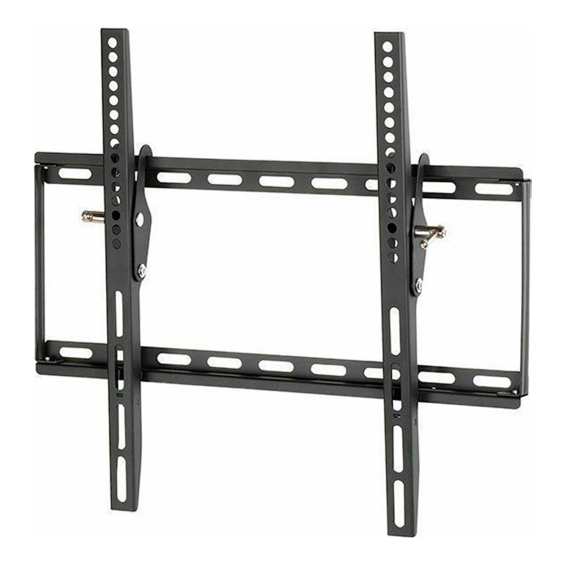 Soporte de TV Vivanco WTP 410 negro, vista frontal, con dos brazos verticales y marco rectangular.