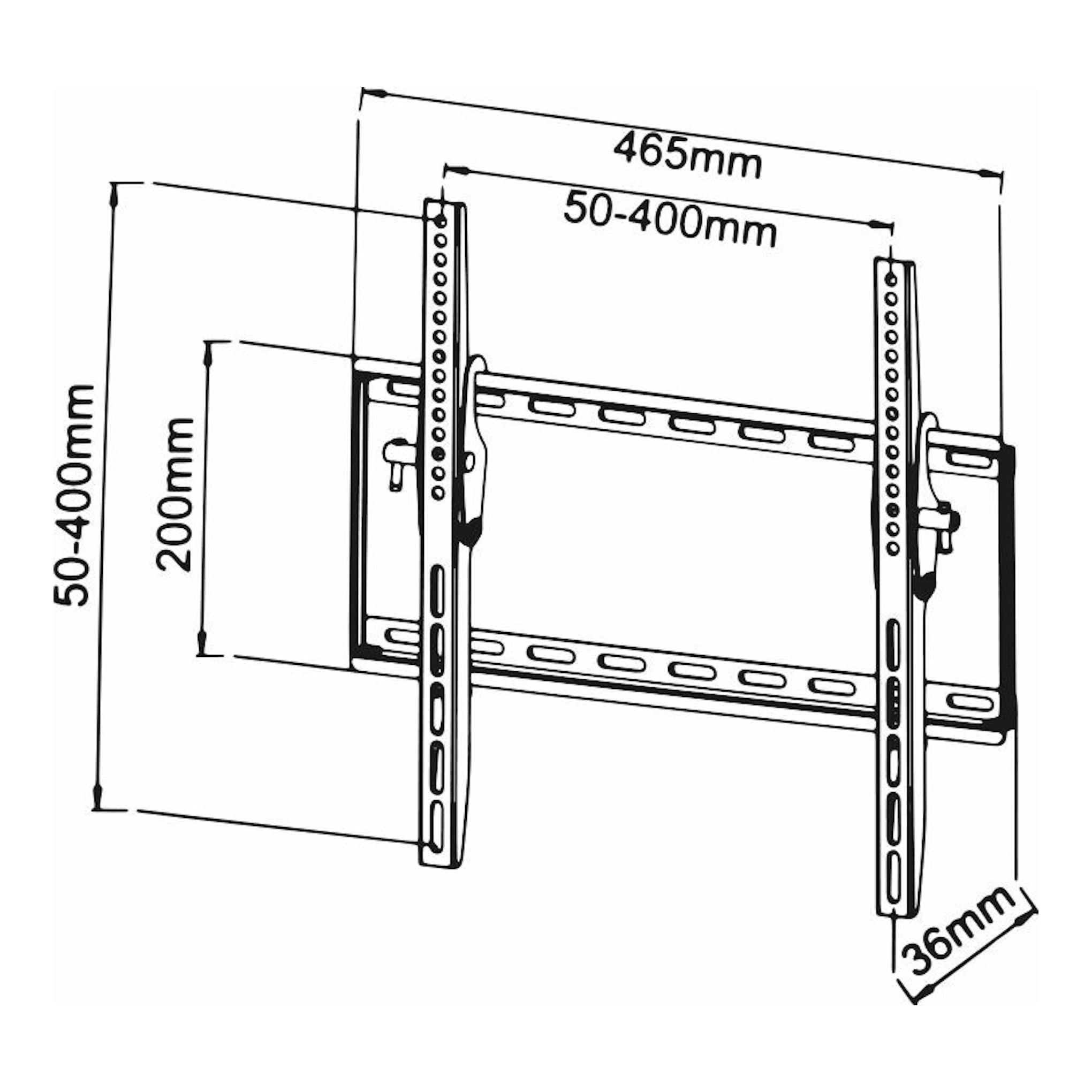 Vivanco WTP 410: soporte mural para TV negro, dibujo técnico con brazos ajustables y medidas en mm.