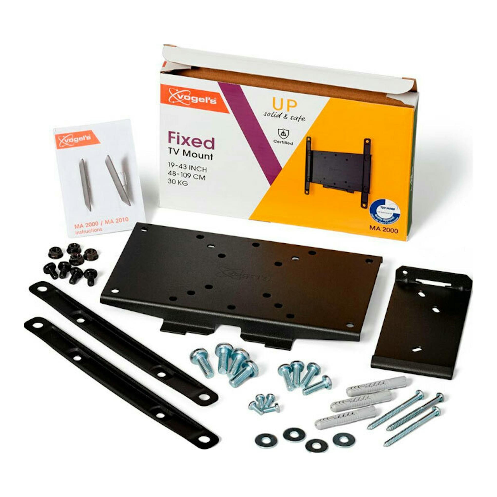 Kit de soporte TV Vogels MA2000 negro, vista cenital, con caja, placa, brazos y tornillería.