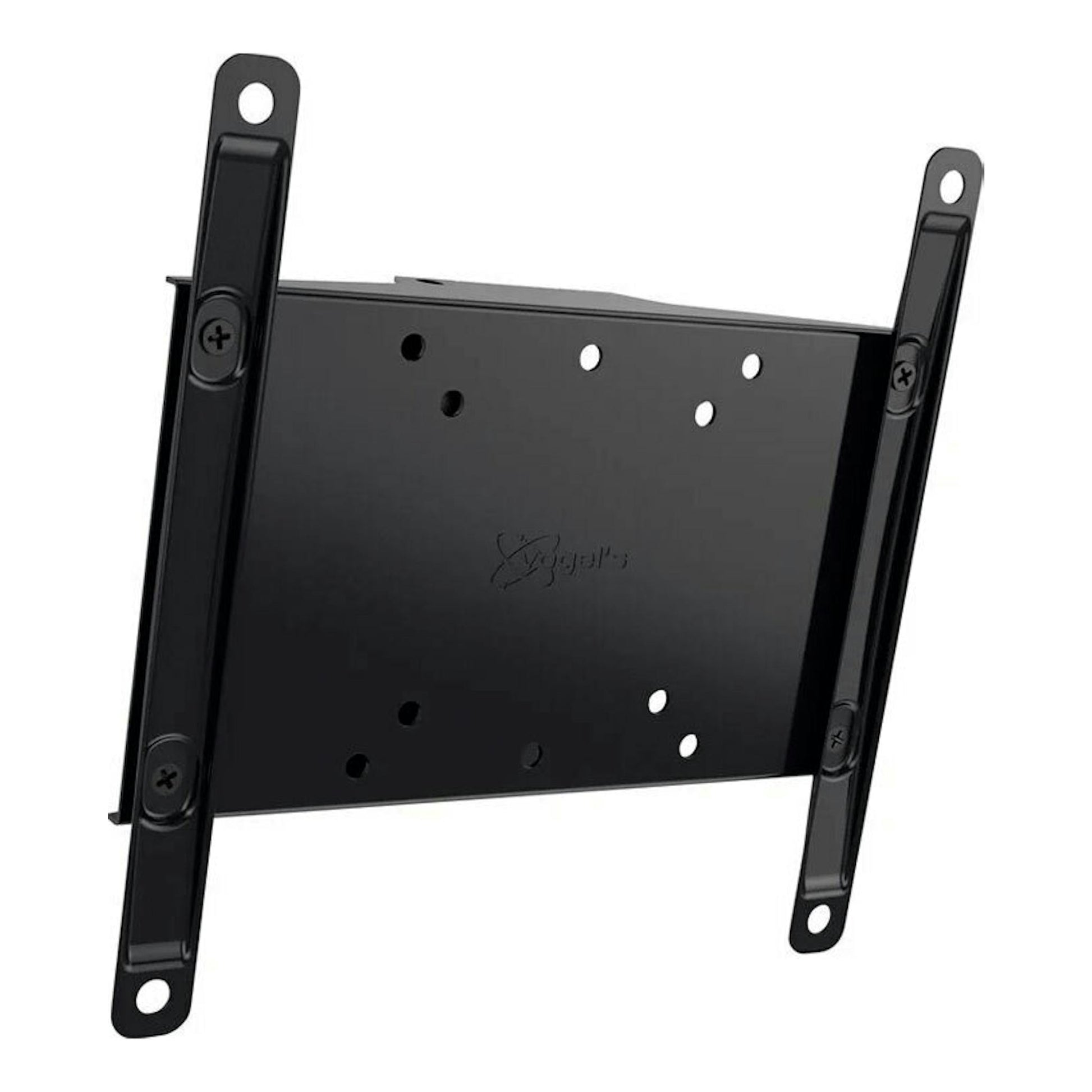 Soporte de TV Vogels MA2010 negro, vista frontal en ángulo, con placa central y dos brazos laterales.