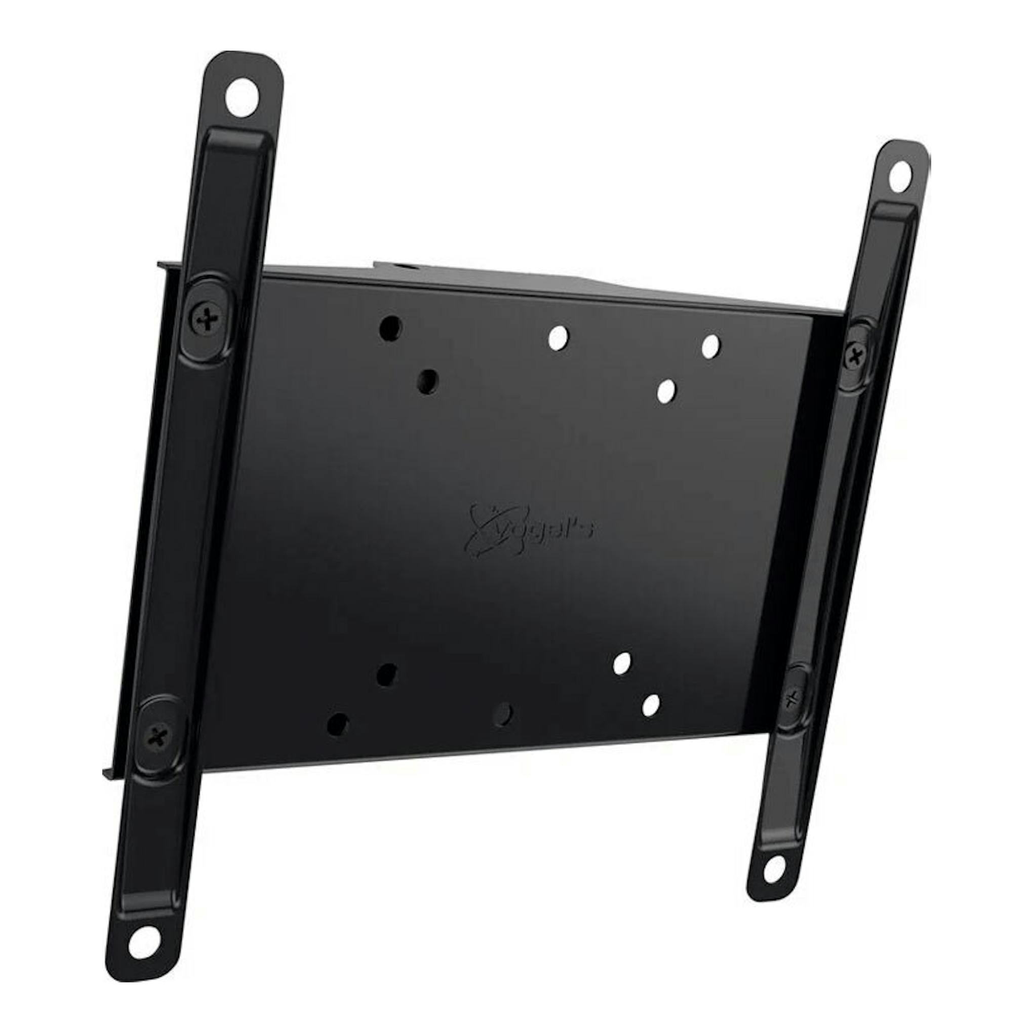 Soporte de TV Vogels MA2010 negro, vista frontal en ángulo, con placa central y dos brazos laterales.