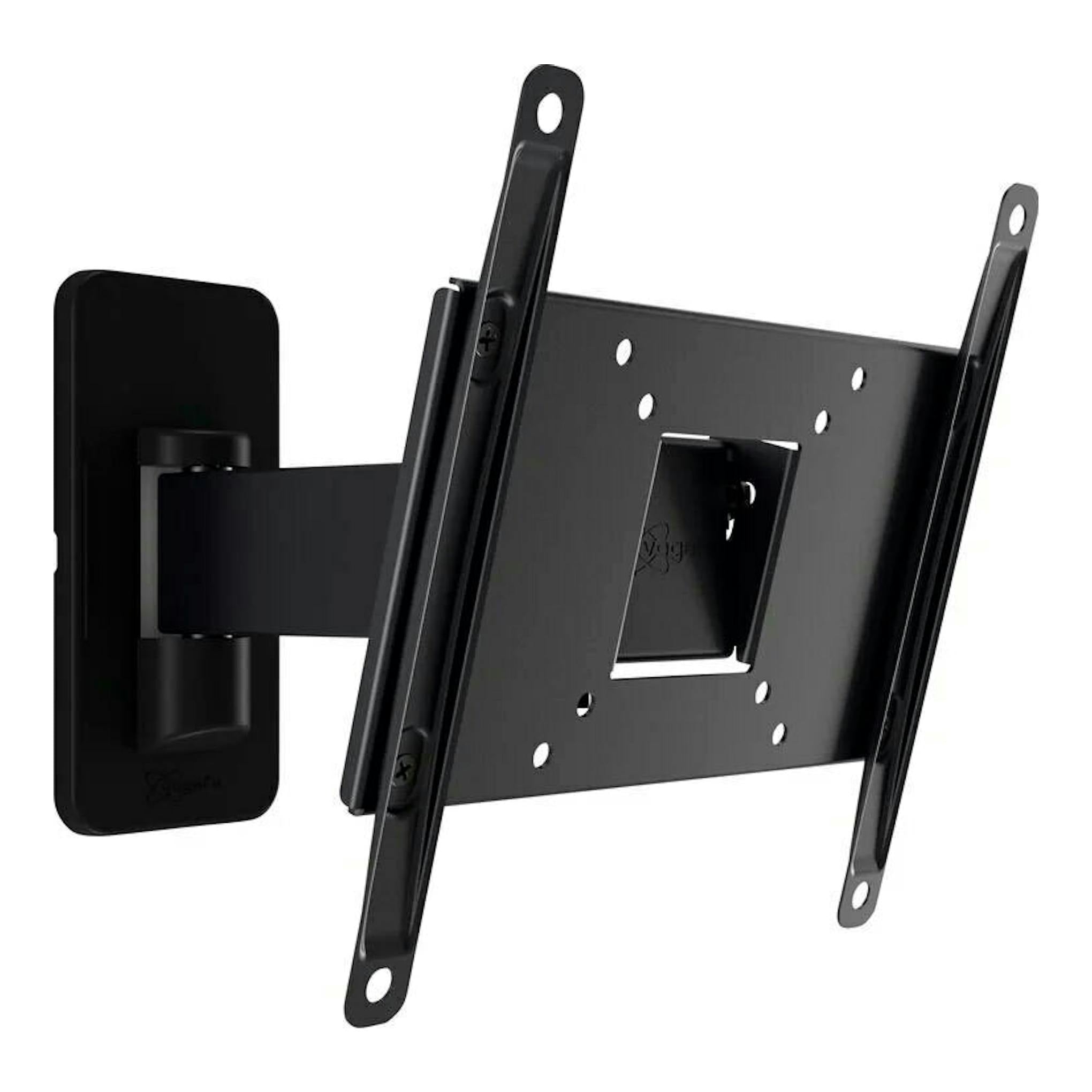Soporte de pared para TV Vogels MA2030 negro, vista frontal en ángulo, con brazo y placa VESA.