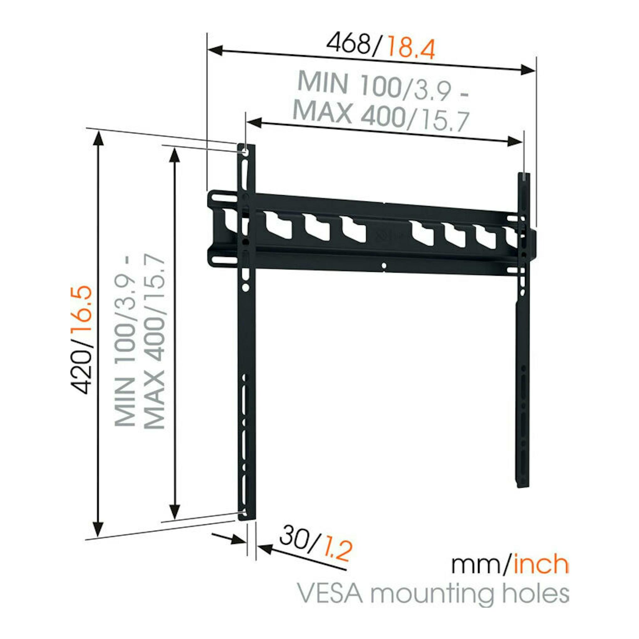 Soporte mural para TV Vogels MA3000 negro, vista frontal con medidas VESA y dimensiones en mm/pulgadas.
