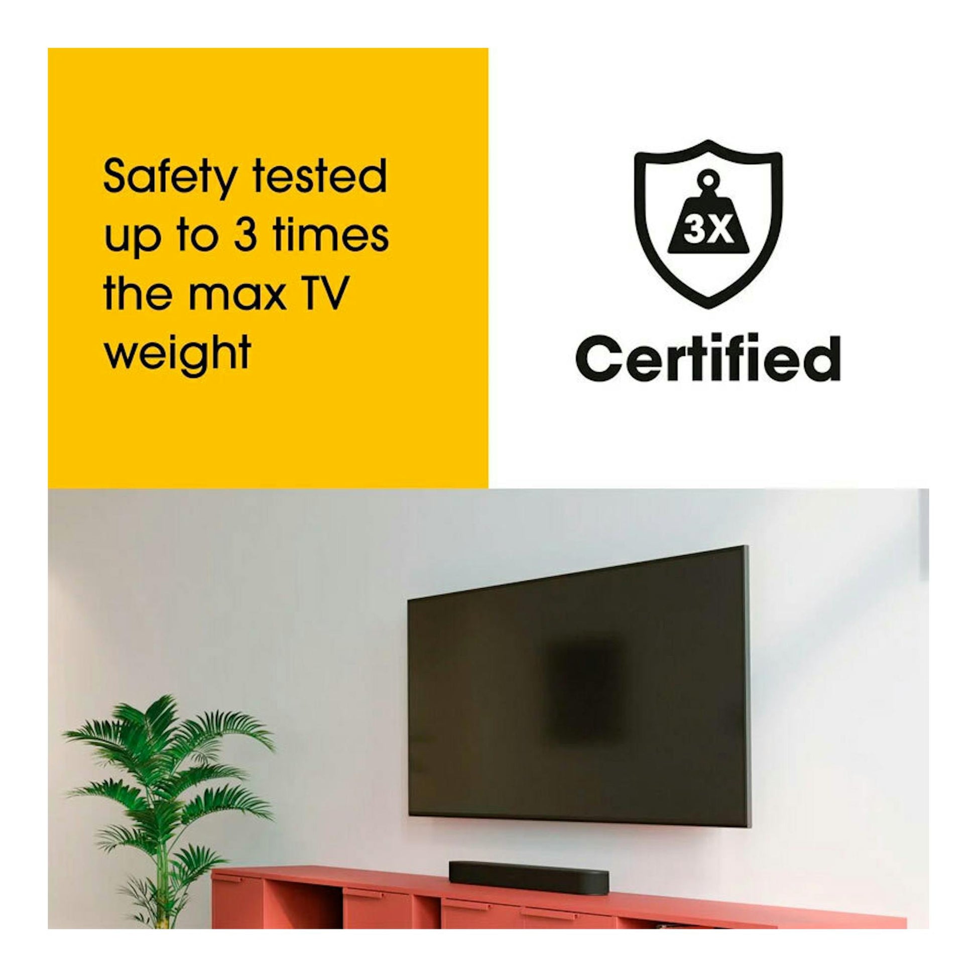Vogels MA3040: soporte mural negro para TV, con texto "Certified" y una TV montada en pared.