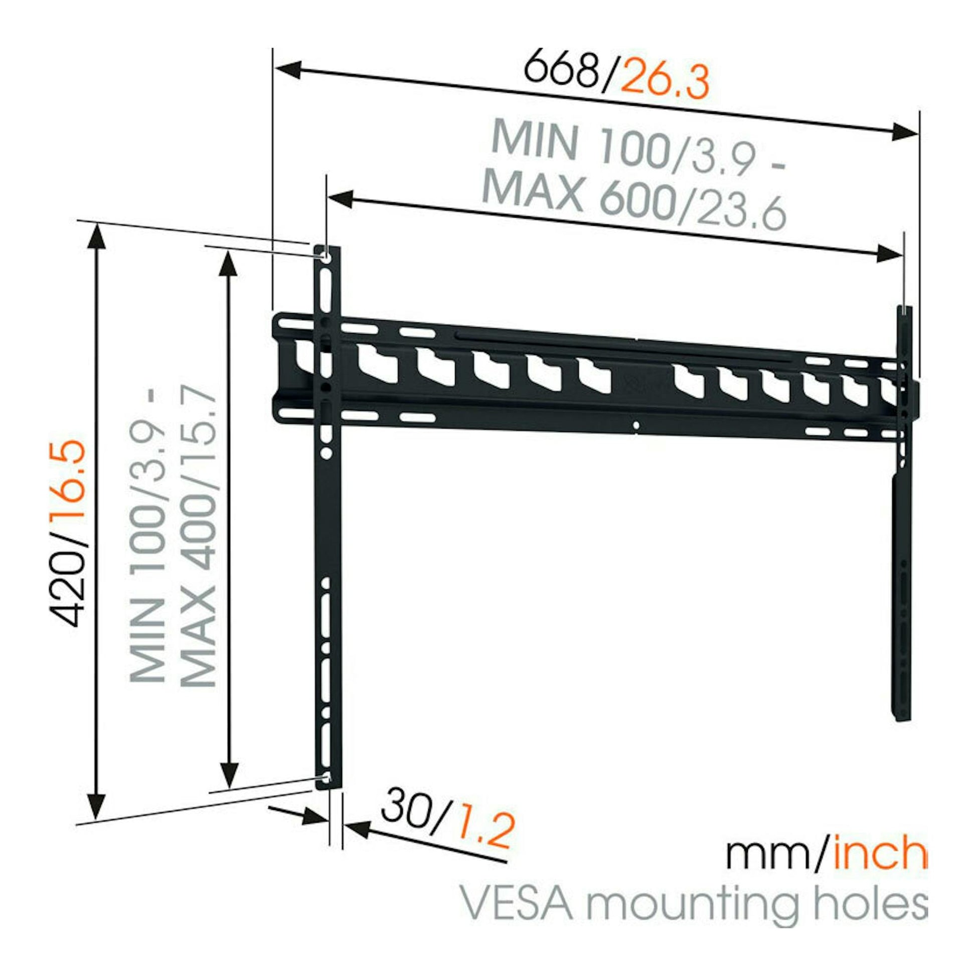 Soporte de TV Vogels MA4000 negro, vista lateral con medidas VESA y flechas de dimensiones.