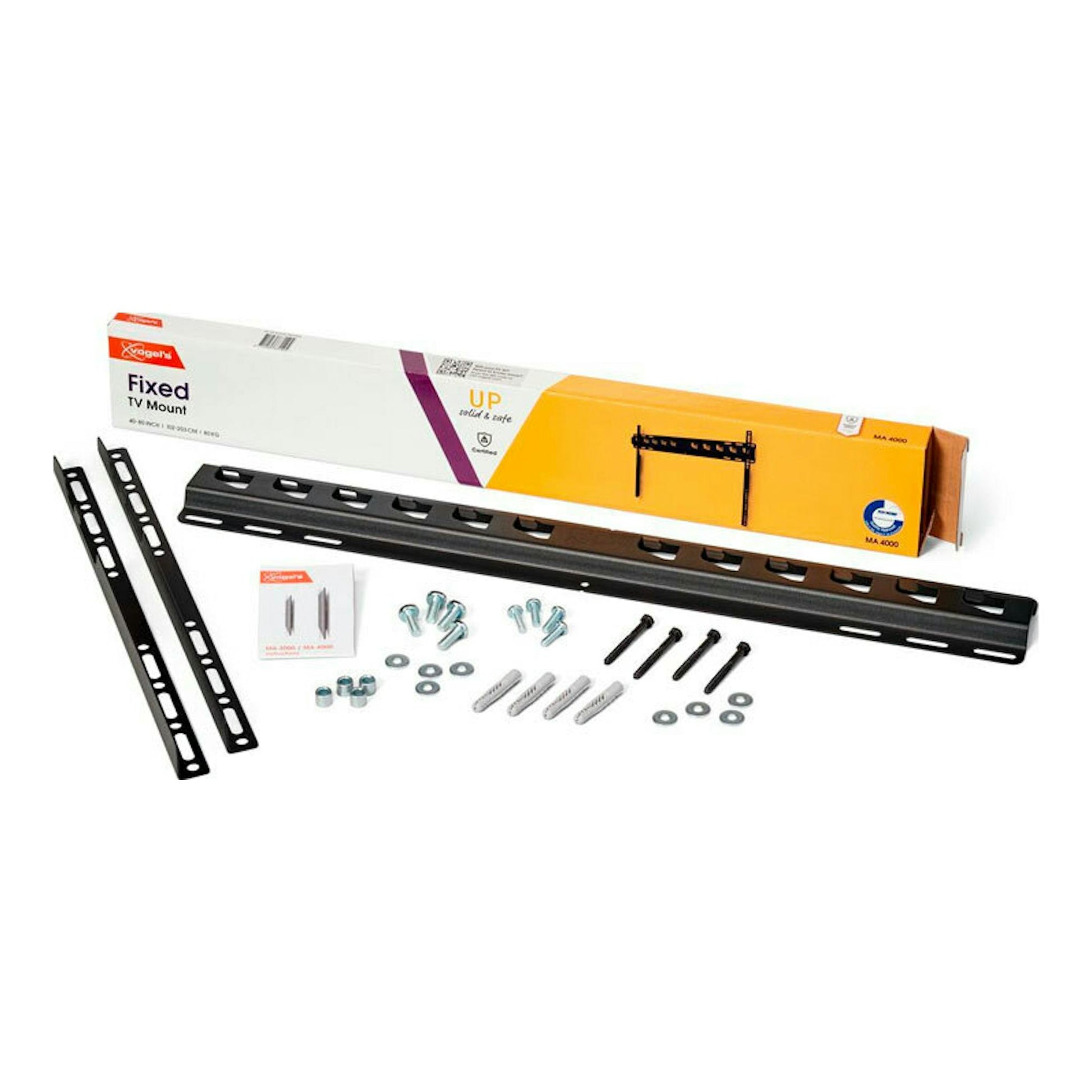 Soporte TV Vogels MA4000 negro, vista frontal con barra y accesorios sobre fondo blanco.