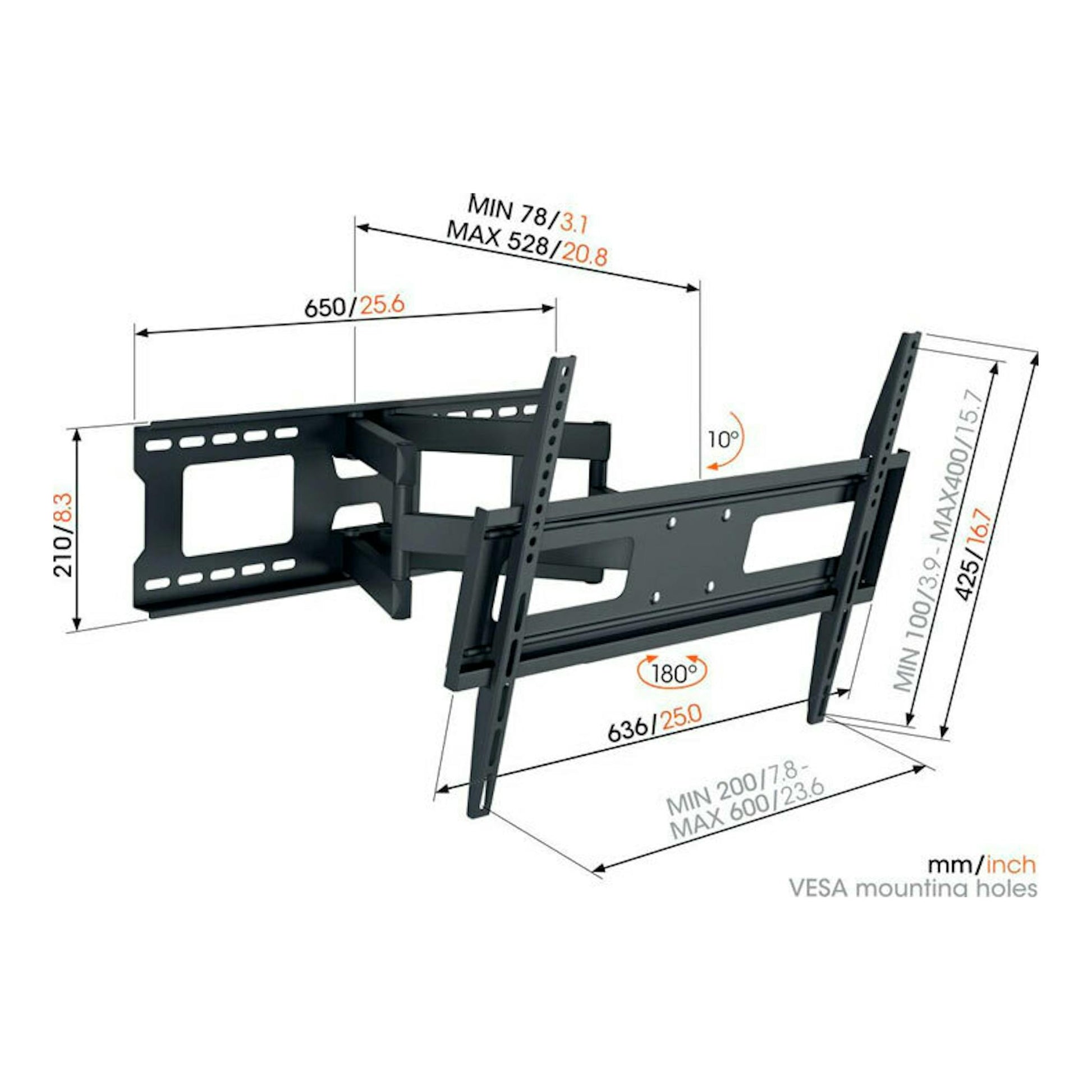 Soporte de TV Vogels MA4040 negro, vista frontal y lateral con medidas y compatibilidad VESA.