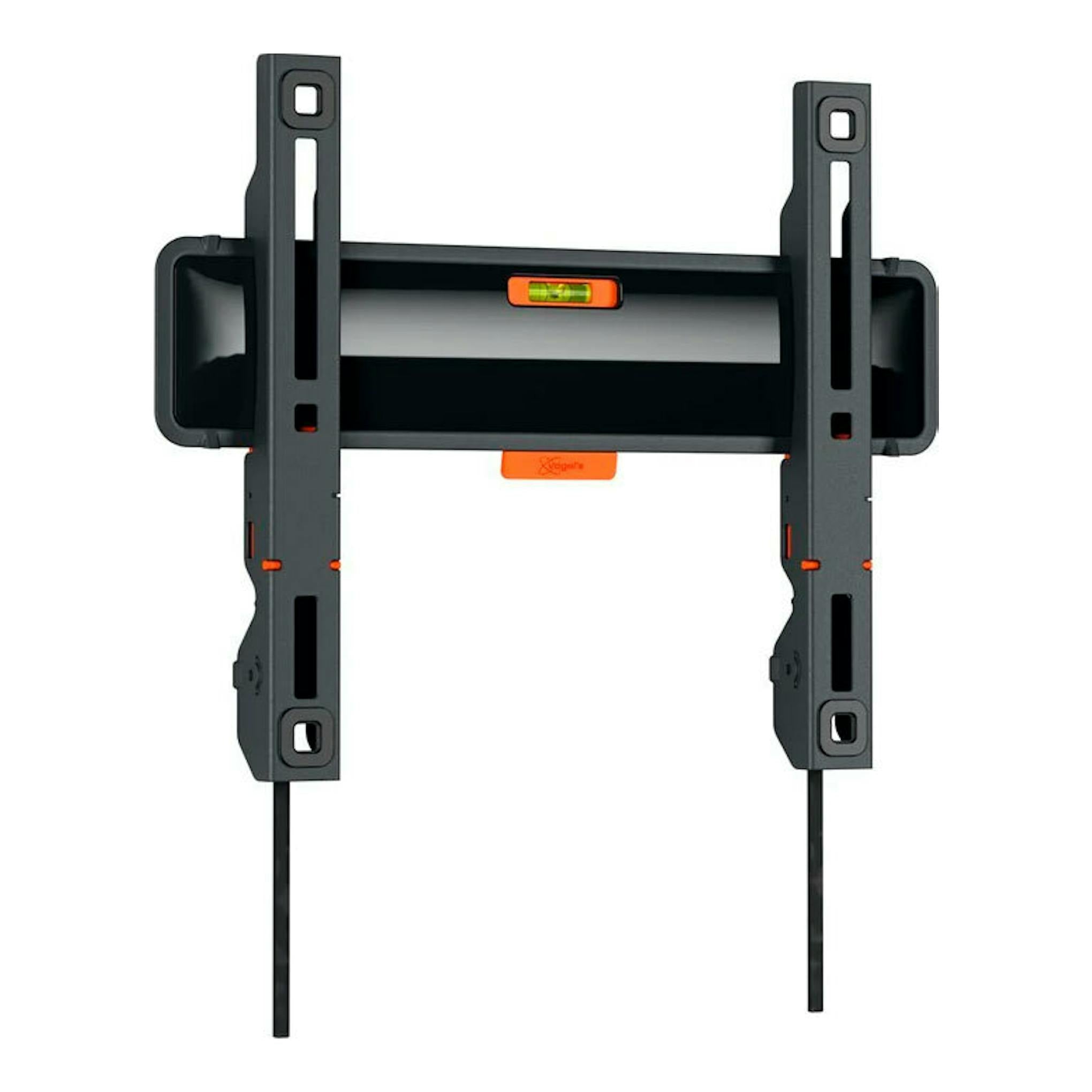 Soporte TV Vogels TVM 3203 negro, vista frontal, con dos rieles verticales y nivel de burbuja.