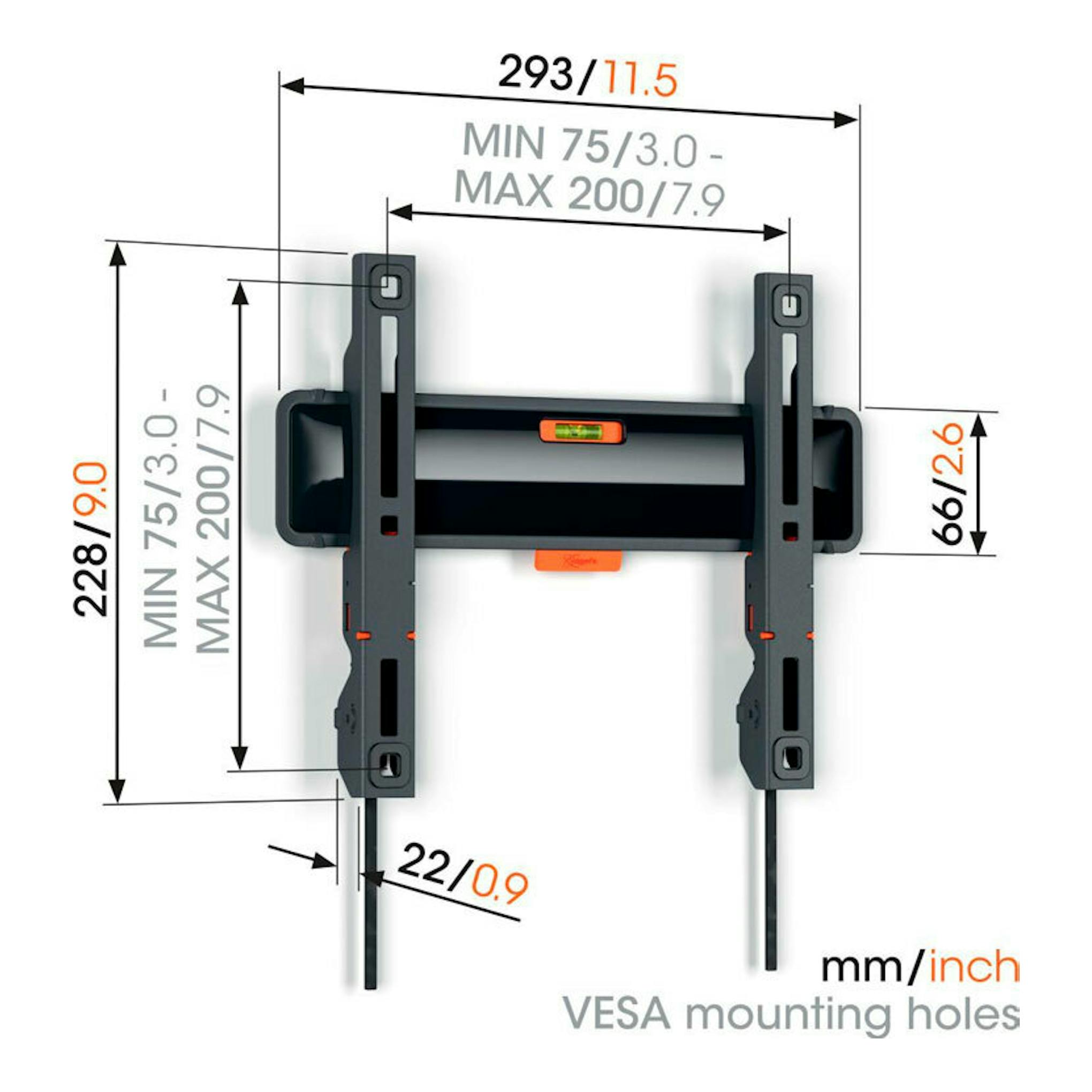Soporte de pared Vogel’s TVM 3203 negro, vista frontal con medidas VESA y nivel integrado.