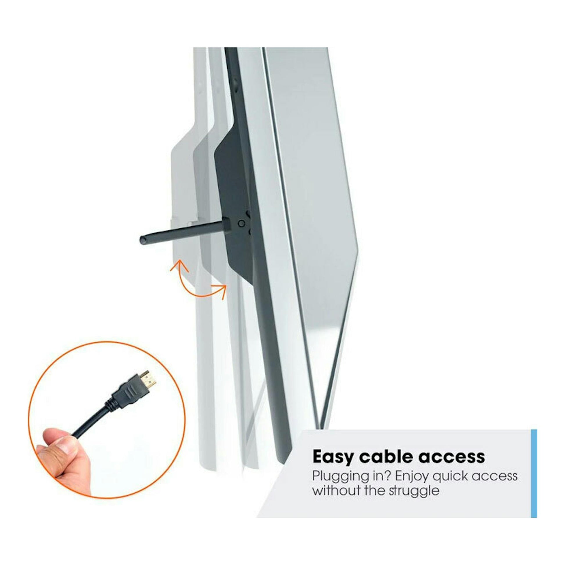 Soporte de TV Vogels TVM 3203 en vista lateral, con brazo de acceso a cables y cable HDMI en primer plano.