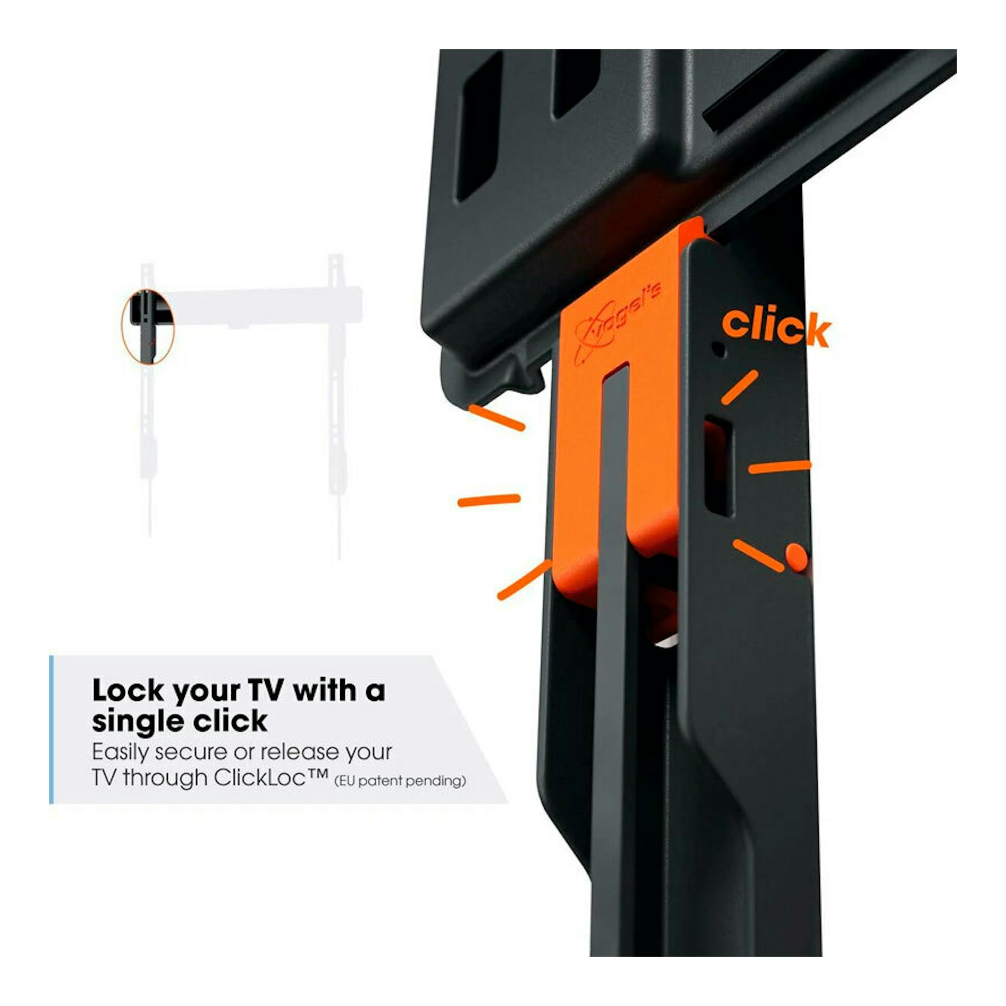 Soporte TV Vogels TVM 3403 negro y naranja, primer plano del mecanismo ClickLoc de bloqueo.