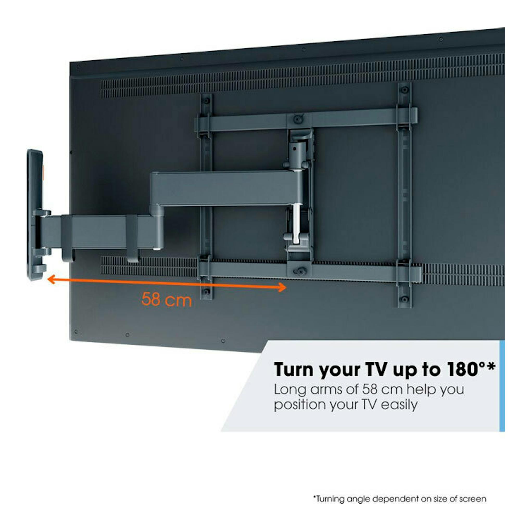 Soporte TV Vogel's TVM 3443 negro, vista trasera de un televisor con brazo articulado de pared.