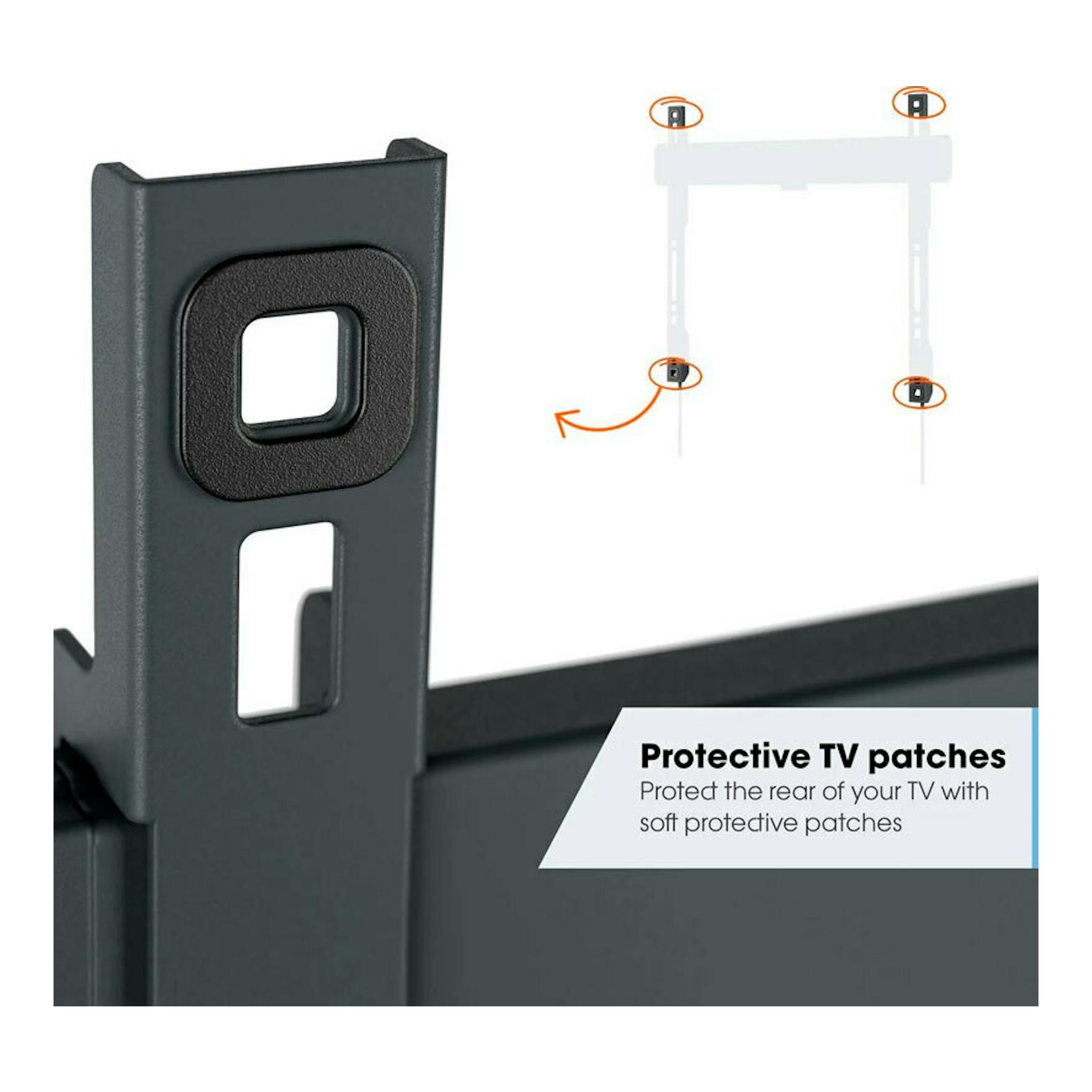 Soporte TV Vogel's TVM 3603 negro, primer plano del soporte con parche protector y esquema de montaje