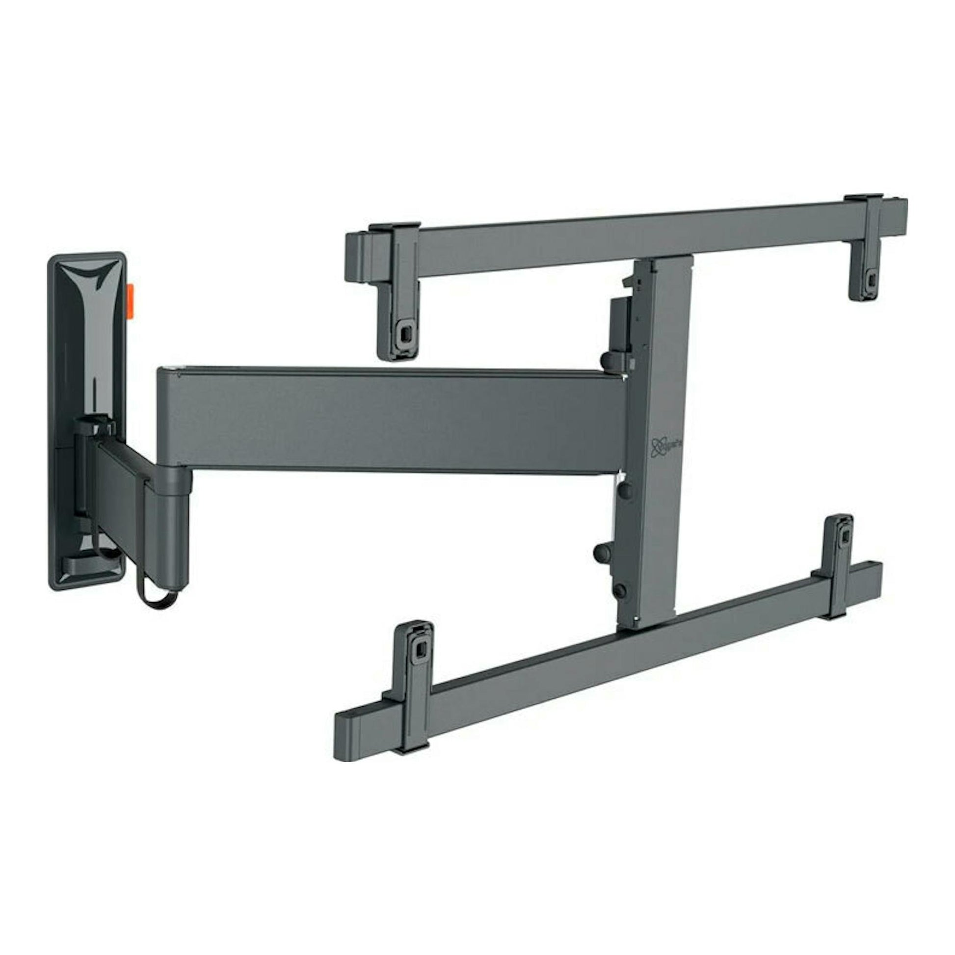 Soporte de TV Vogels TVM 3663 negro/gris, vista lateral, con brazo articulado y rieles.