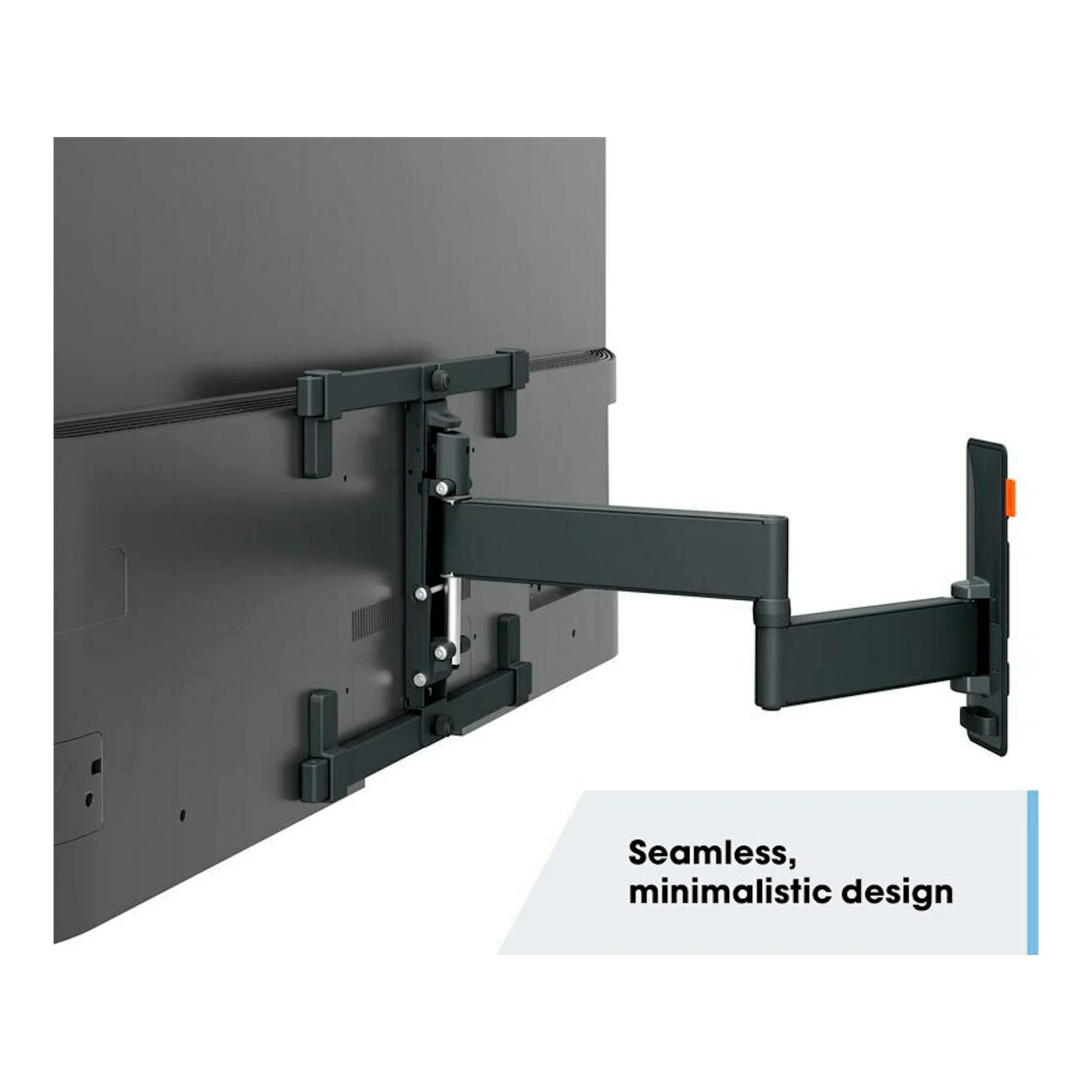 Soporte TV Vogels TVM 3663 negro, vista lateral, brazo articulado extendido detrás de un televisor.