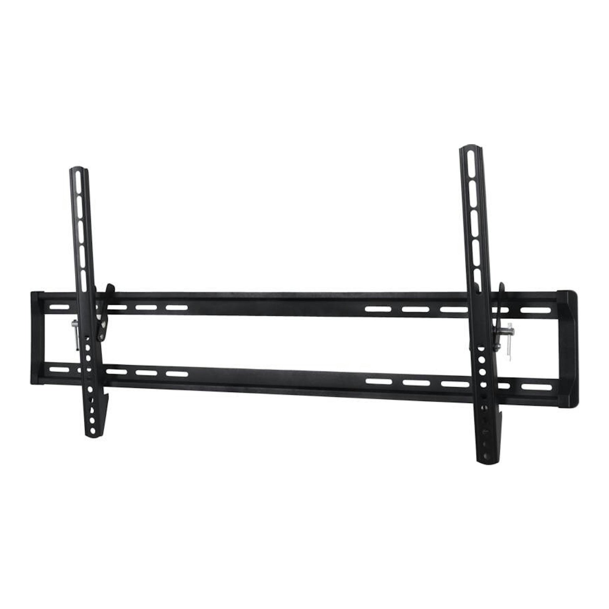 Soporte de pared para TV Vivanco VVTVTIL85INCH65KG, negro, vista frontal, inclinable, con dos raíles verticales.