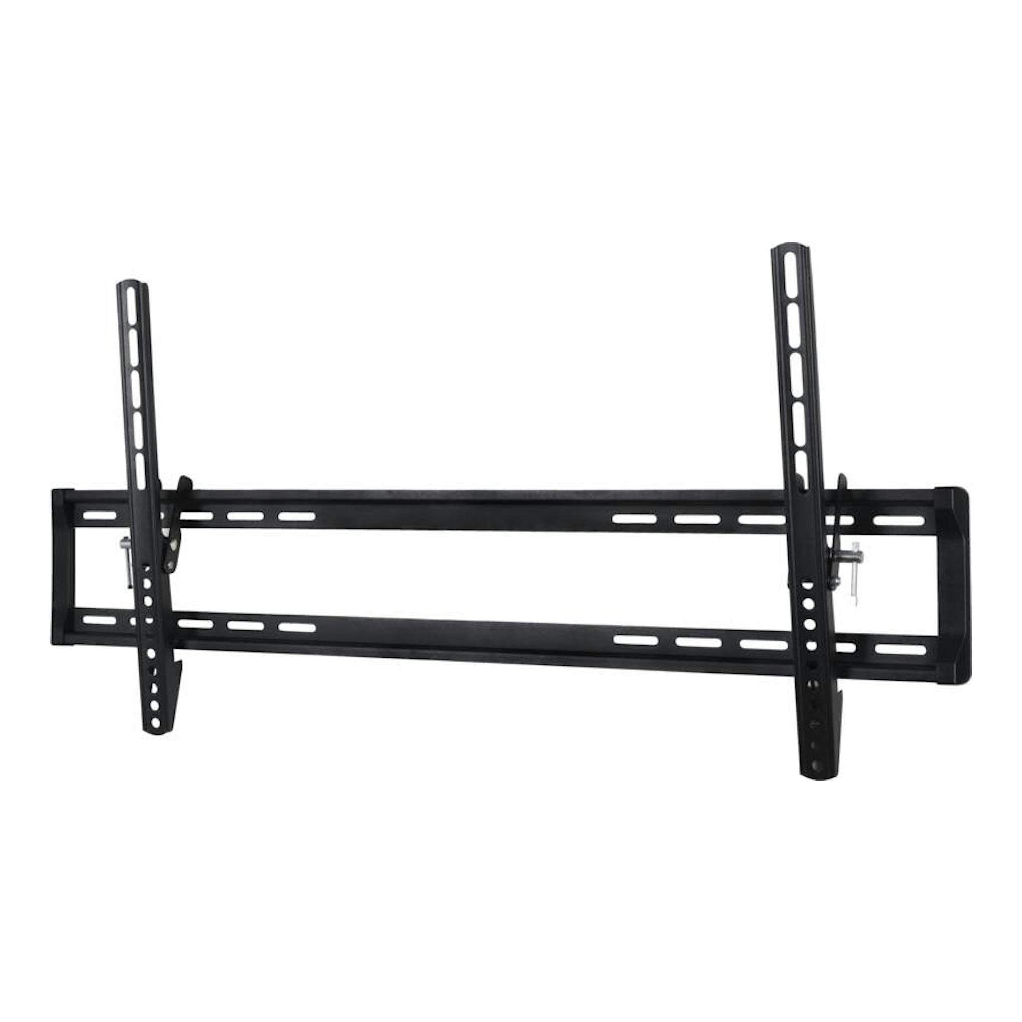 Soporte de pared para TV Vivanco VVTVTIL85INCH65KG, negro, vista frontal, inclinable, con dos raíles verticales.