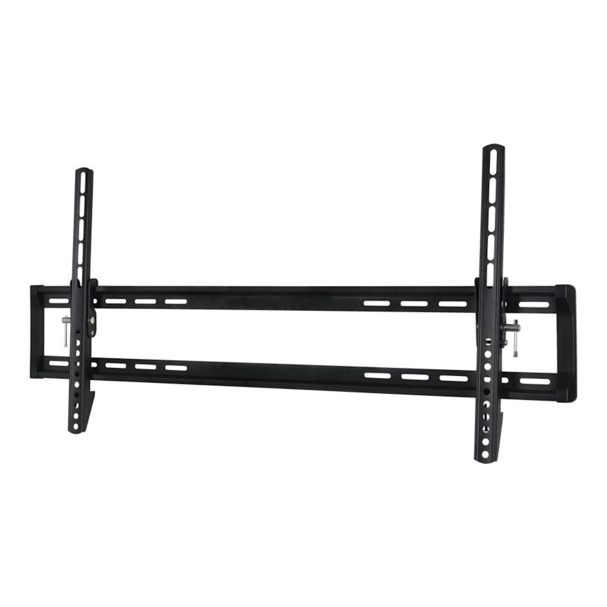Soporte de pared negro Vivanco VVTVTIL85INCH65KG para TV, vista frontal, con dos raíles verticales.
