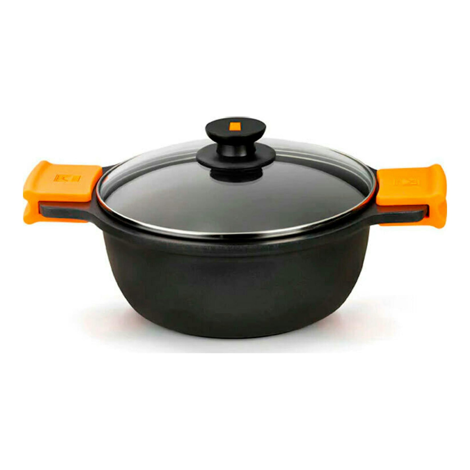 Cacerola alta Bra Efficient negra de 28 cm, con tapa de vidrio y asas naranjas, vista frontal.