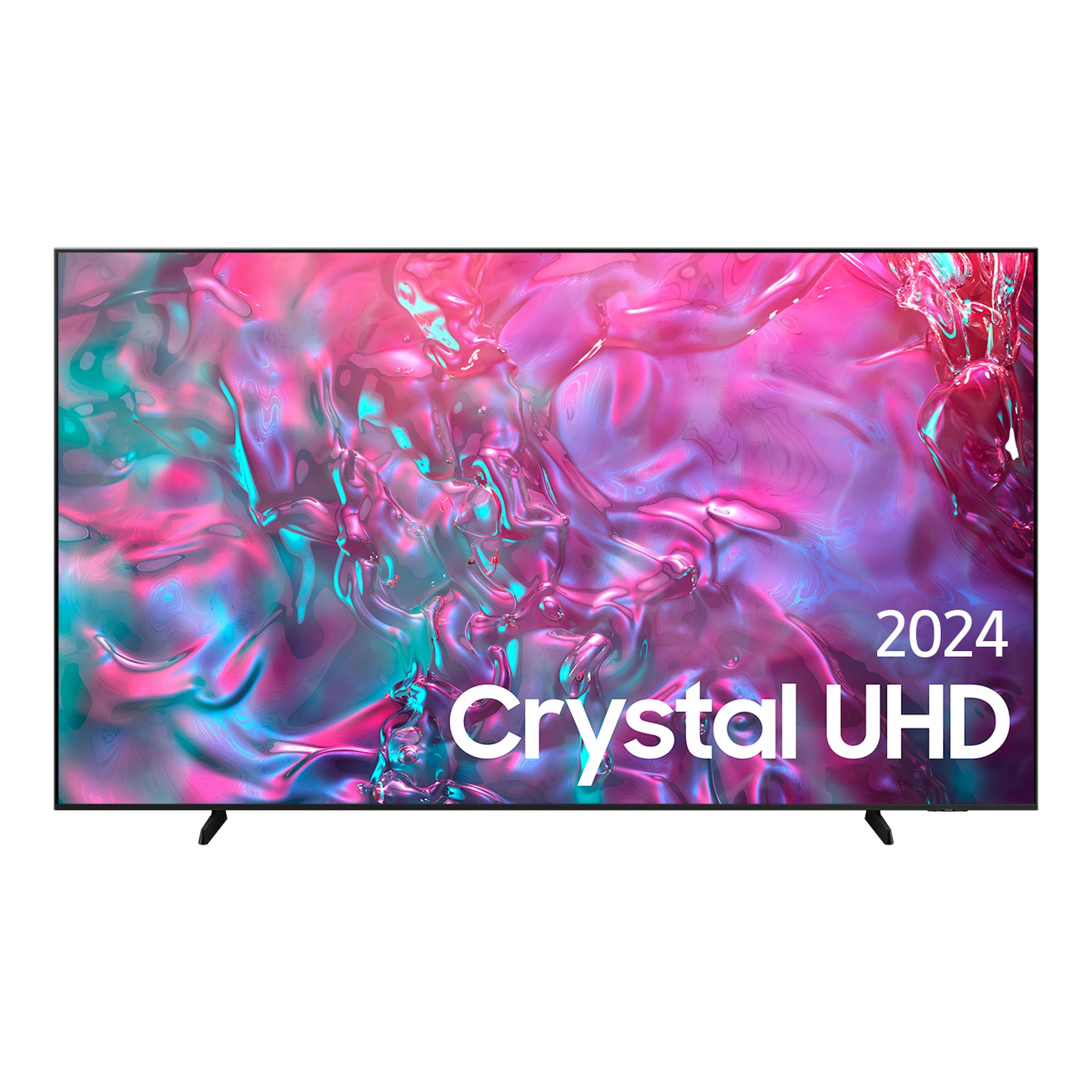 Televisor Samsung TU98DU9005KXXC 2024, vista frontal, marco negro y pantalla con fondo abstracto rosa y turquesa.
