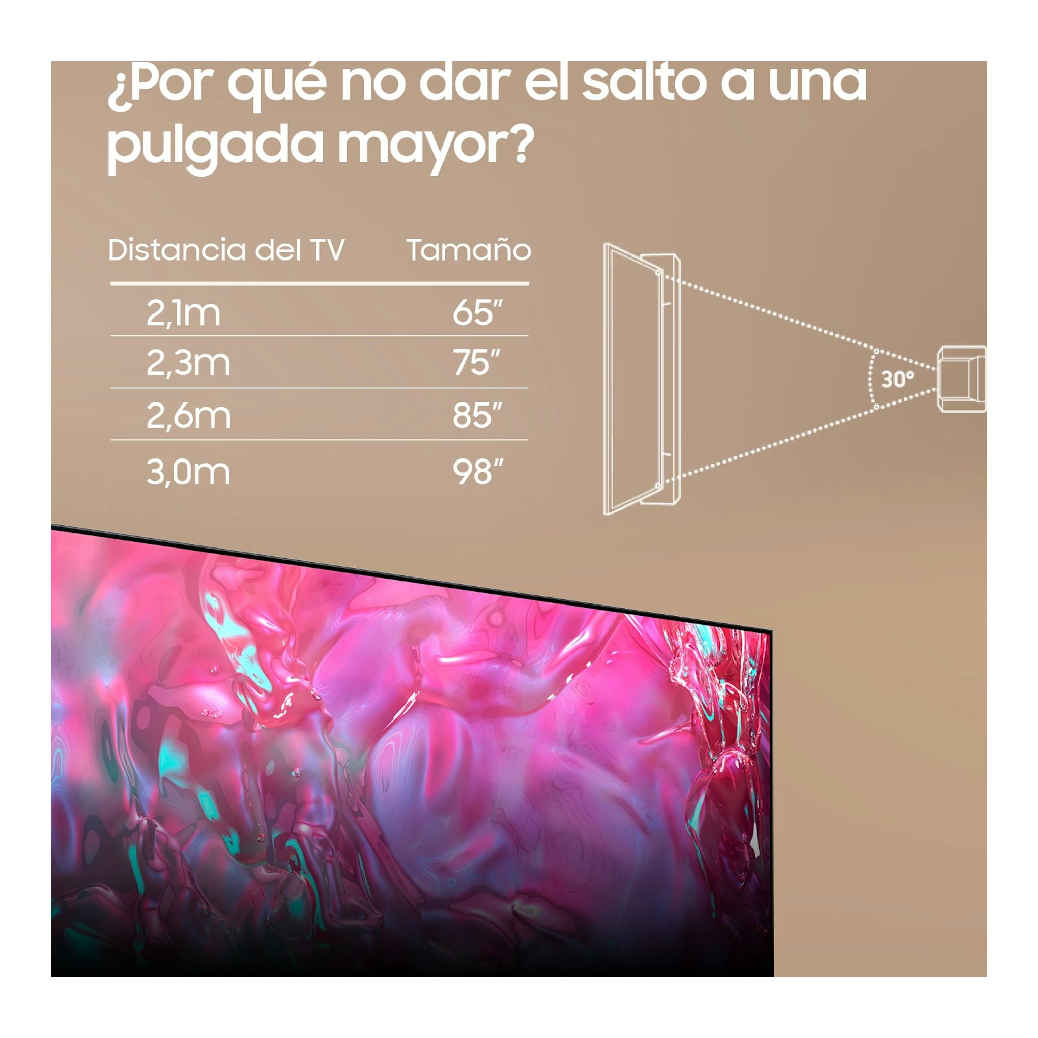 Gráfico de Samsung TU98DU9005KXXC: televisor en ángulo, tabla de distancias y tamaños, fondo beige.