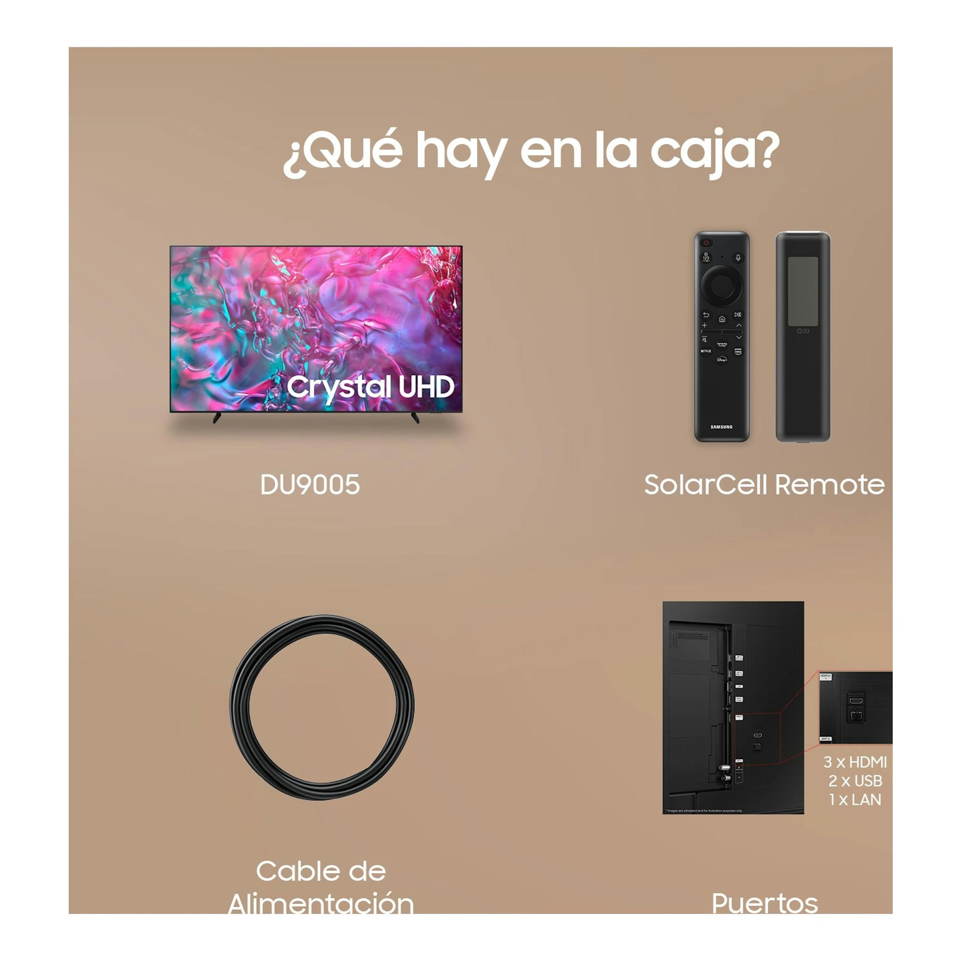 Infografía de Samsung DU9005: televisor Crystal UHD, mando SolarCell, cable de alimentación y puertos.
