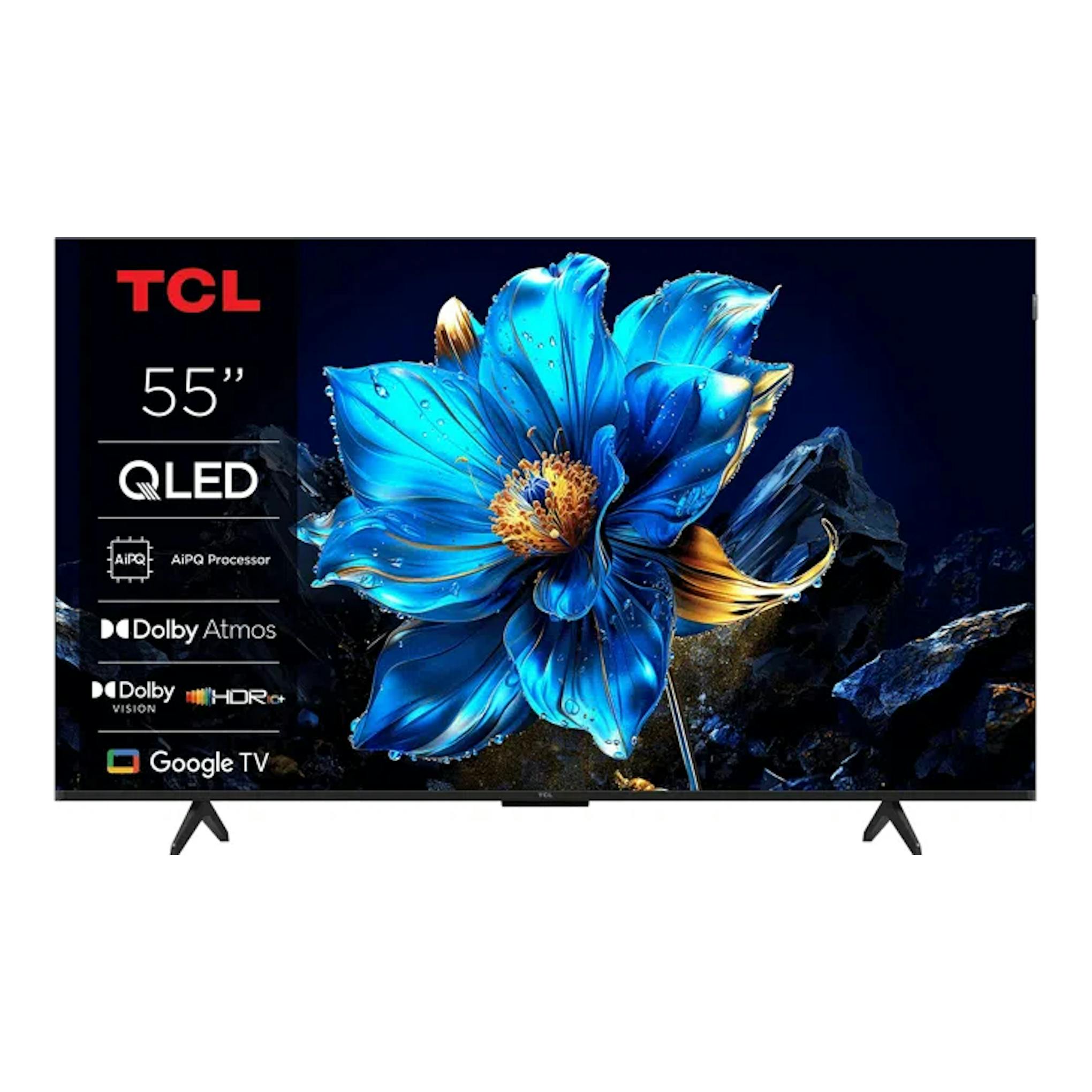 TCL 55'' QLED Google TV, vista frontal, pantalla negra con una flor azul y base de patas.