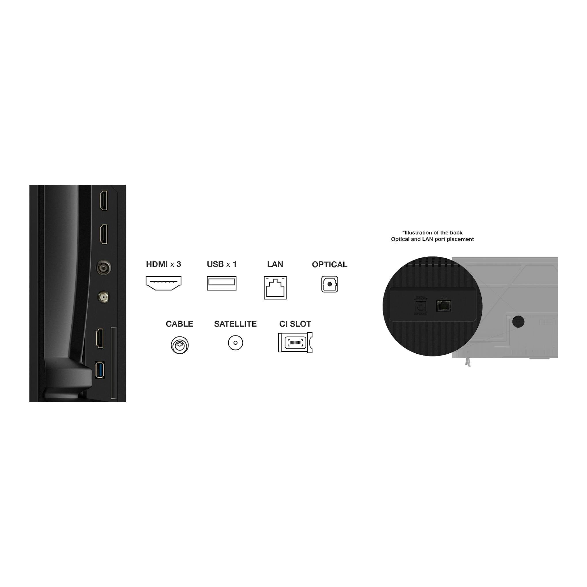 Vista trasera lateral de un televisor TCL 55T69C negro con puertos HDMI, USB, LAN y óptico.