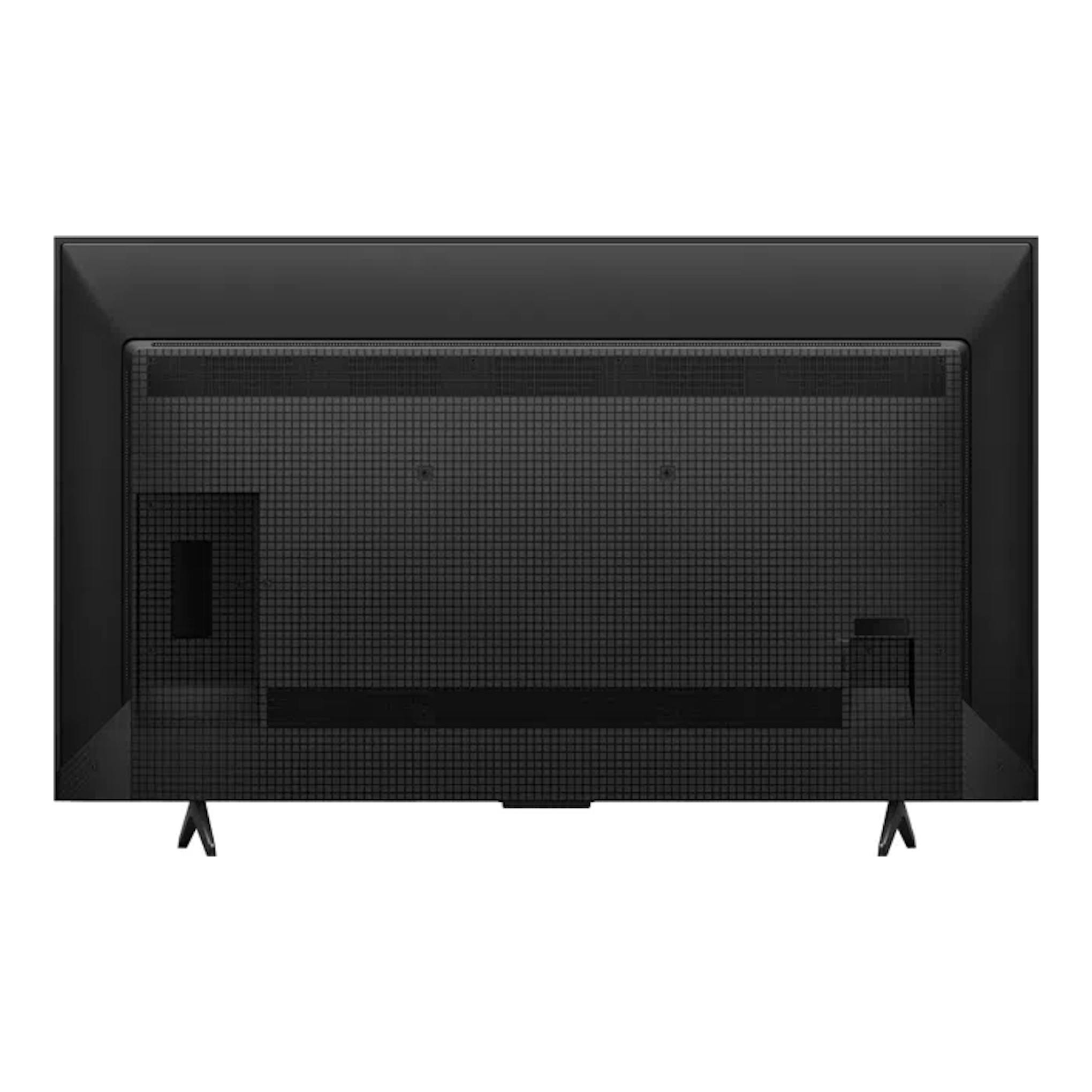 Televisor TCL 55T69C negro, vista trasera, con dos patas.