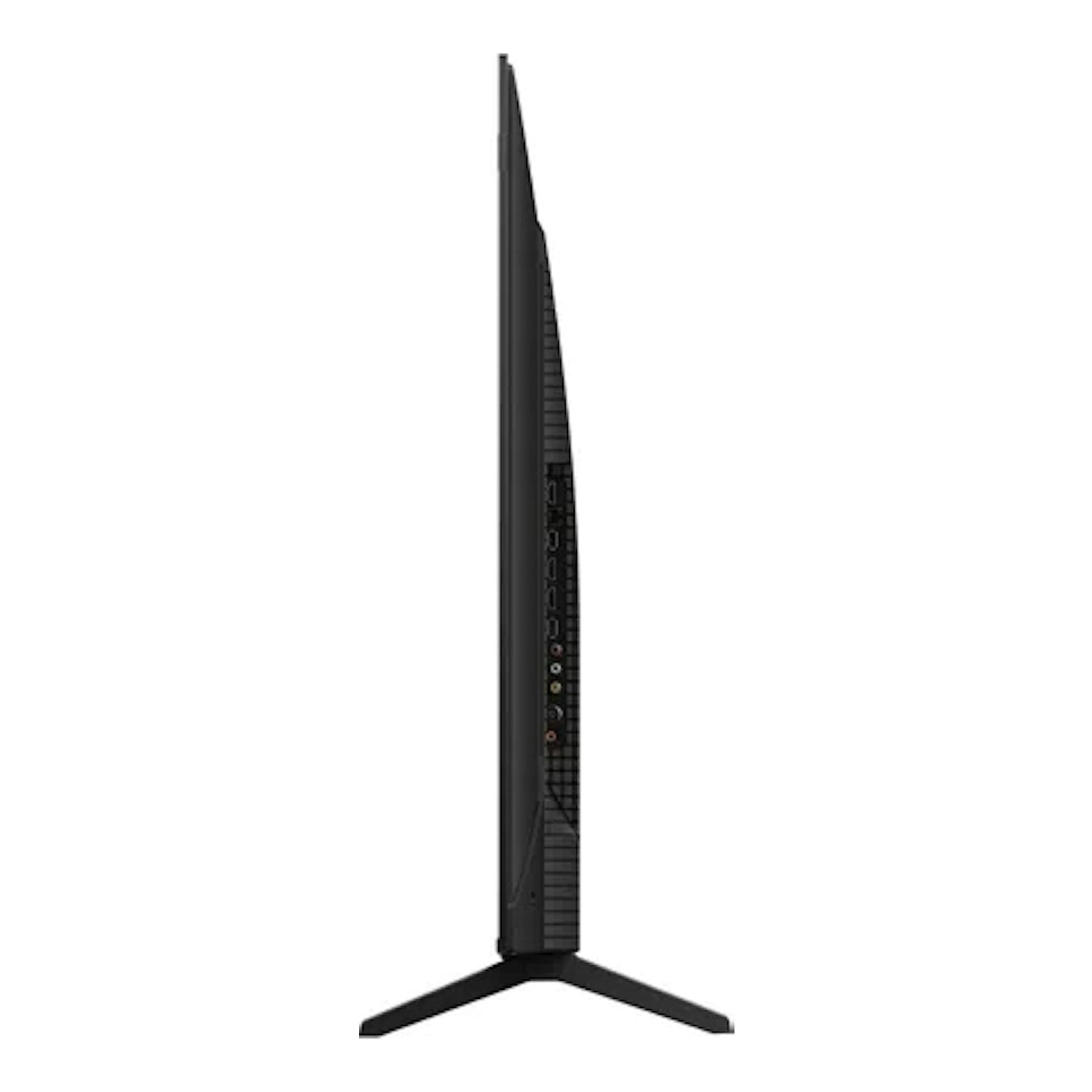 Televisor TCL 55T69C negro, vista lateral sobre soporte de patas abiertas.