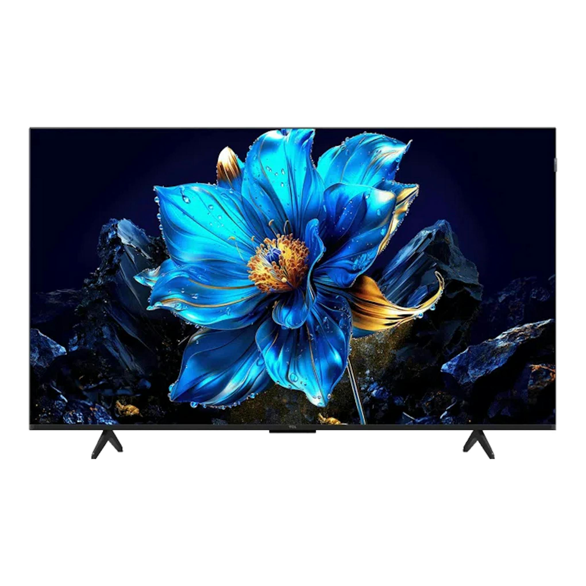 Televisor TCL 55T69C 4K QLED negro, vista frontal, con pantalla mostrando una flor azul.