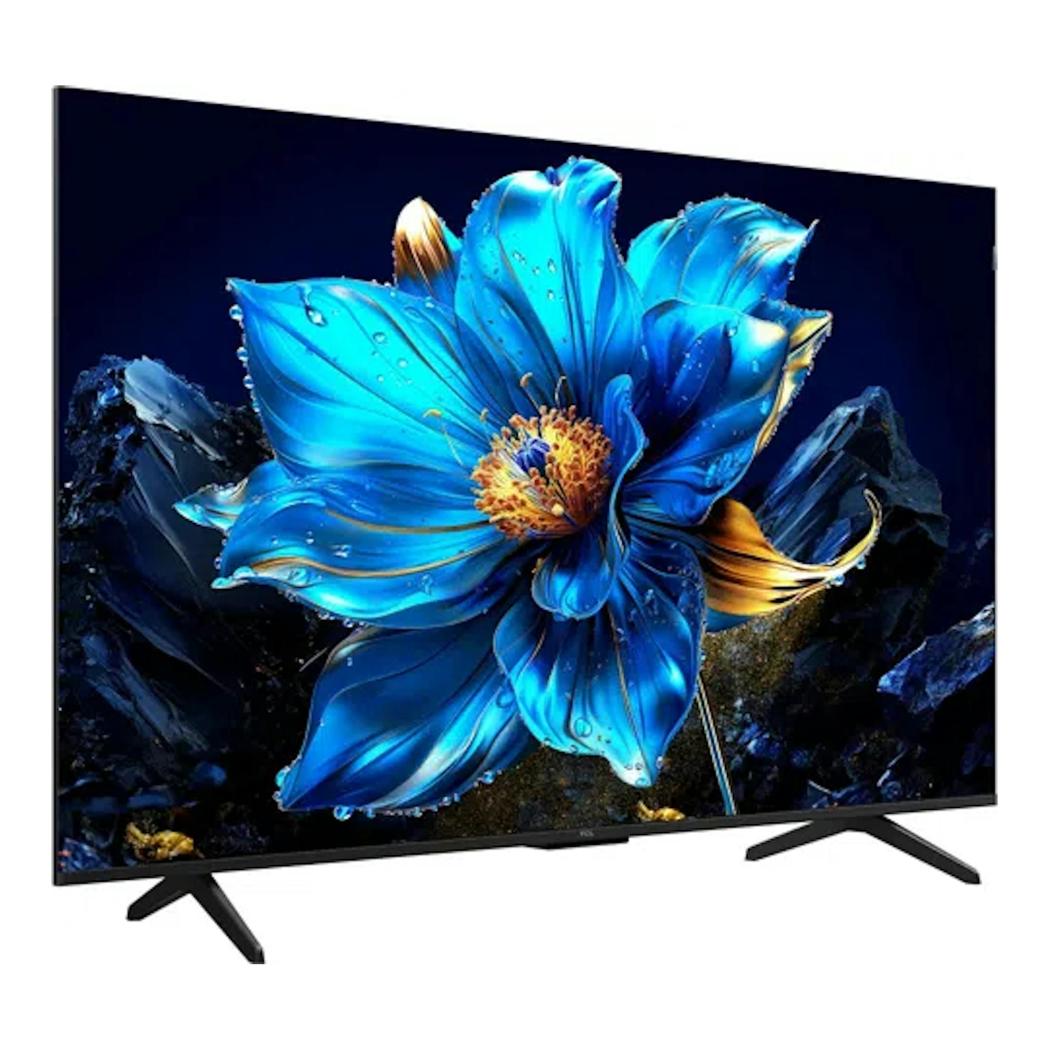 Televisor TCL 55T69C negro, vista frontal, sobre fondo blanco, con flor azul en pantalla y patas laterales.